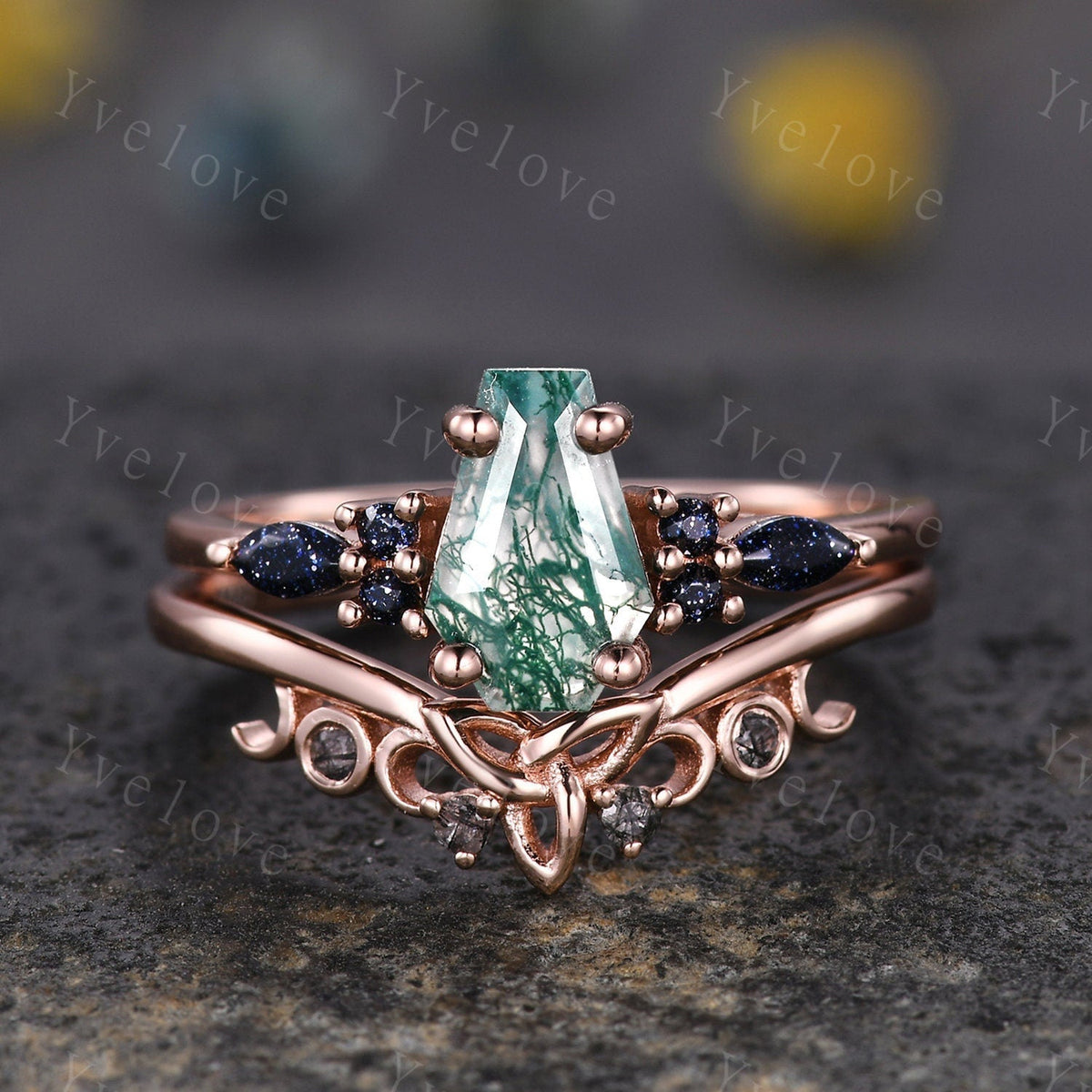 Vintage coffin moss agate engagement ring marquise blue sandstone wedding ring rose gold matching band promise ring unique Valentines gift