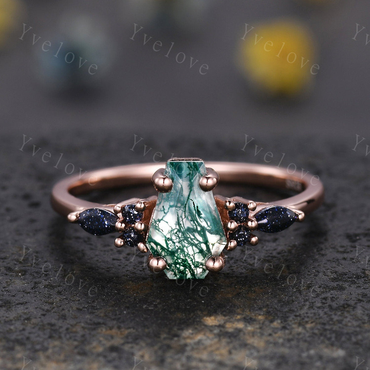Vintage coffin moss agate engagement ring marquise blue sandstone wedding ring rose gold matching band promise ring unique Valentines gift