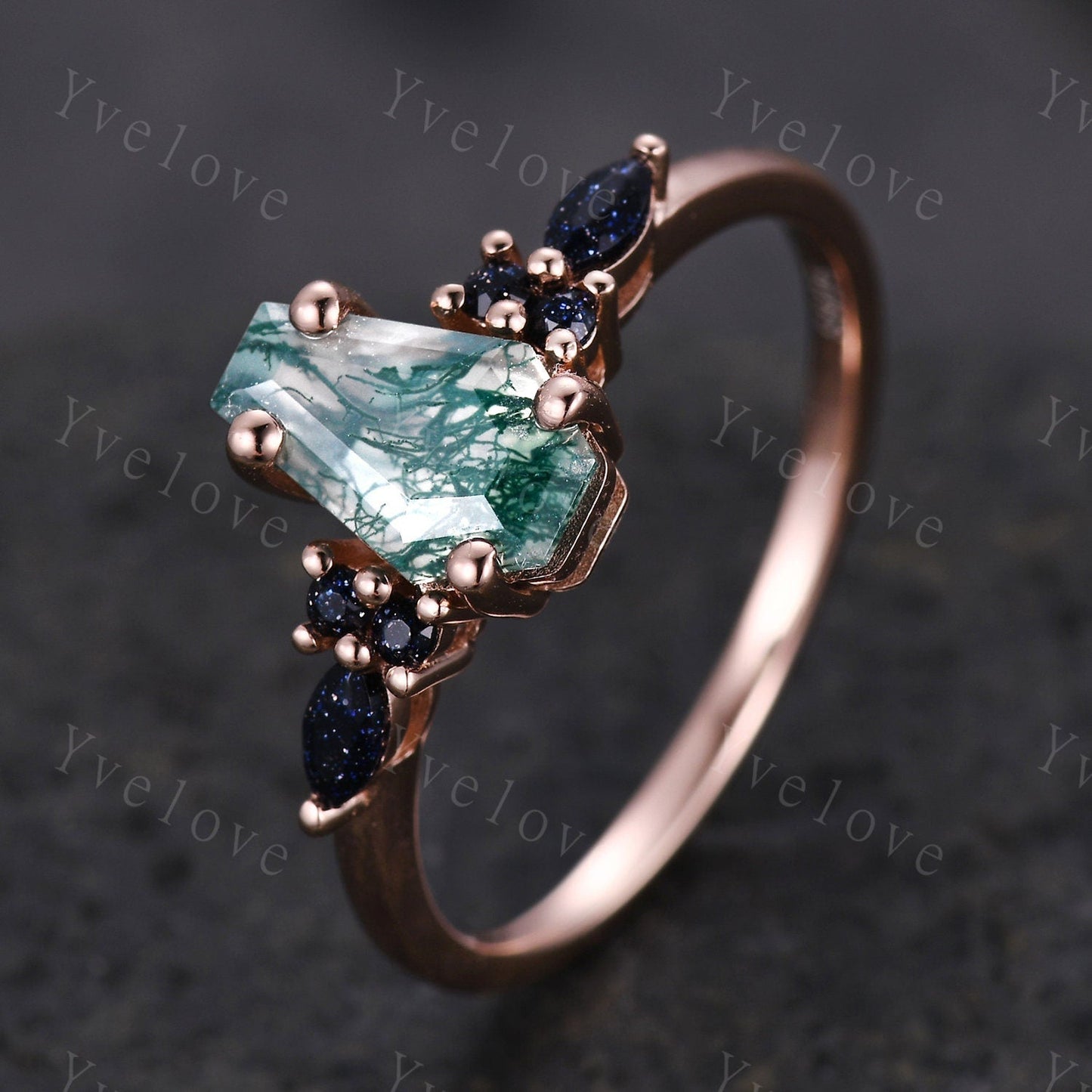 Vintage coffin moss agate engagement ring marquise blue sandstone wedding ring rose gold matching band promise ring unique Valentines gift