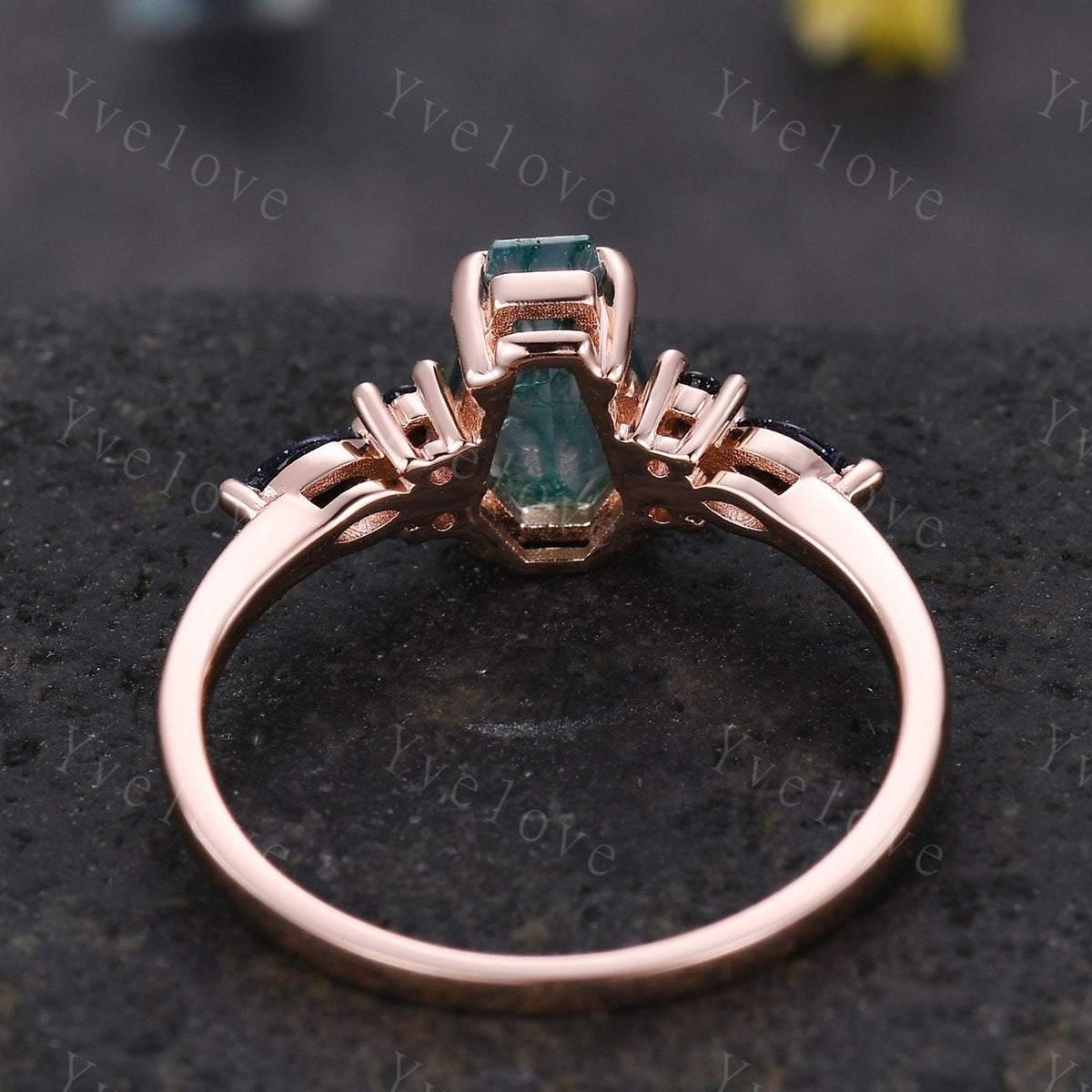 Vintage coffin moss agate engagement ring marquise blue sandstone wedding ring rose gold matching band promise ring unique Valentines gift