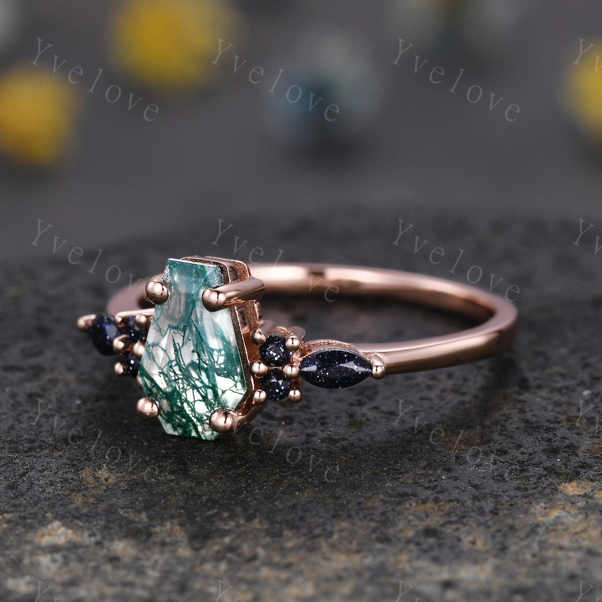 Vintage coffin moss agate engagement ring marquise blue sandstone wedding ring rose gold matching band promise ring unique Valentines gift