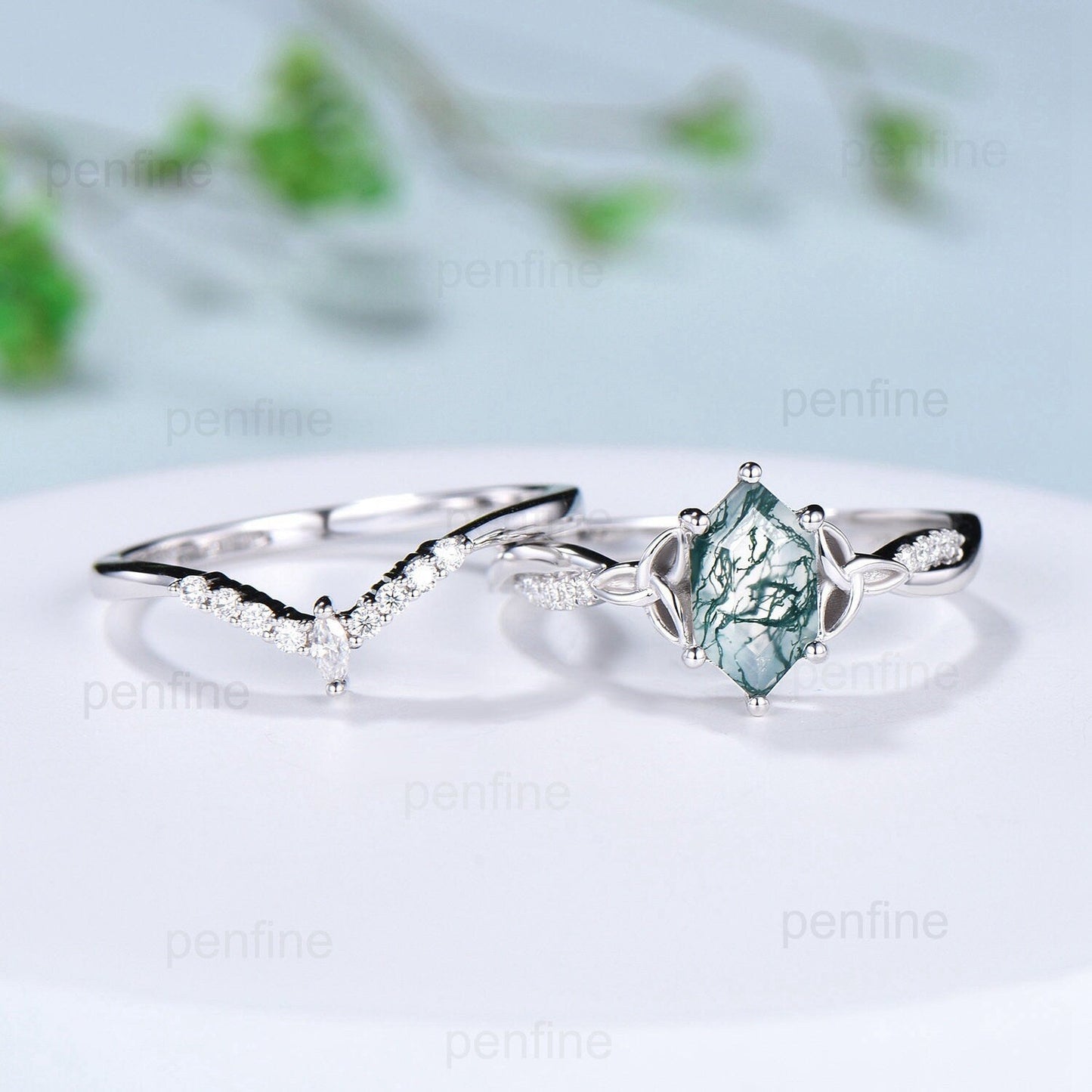 Norse Viking long hexagon moss agate engagement ring set 3/4 eternity twisted infinity moissanite & diamond band wedding ring set for women