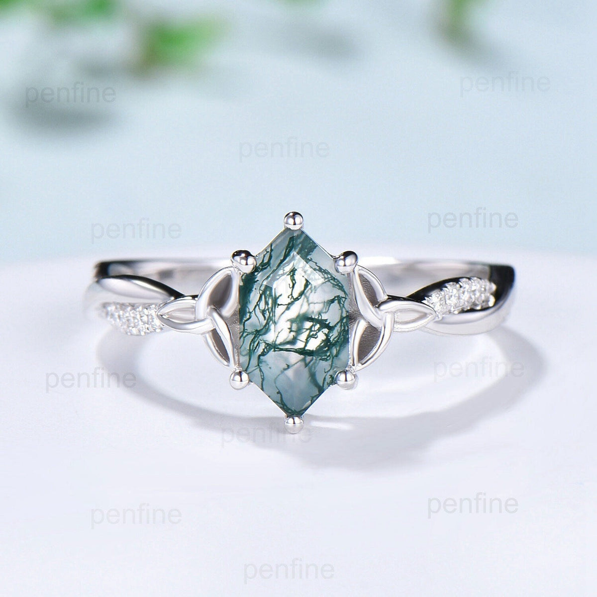 Norse Viking long hexagon moss agate engagement ring set 3/4 eternity twisted infinity moissanite & diamond band wedding ring set for women