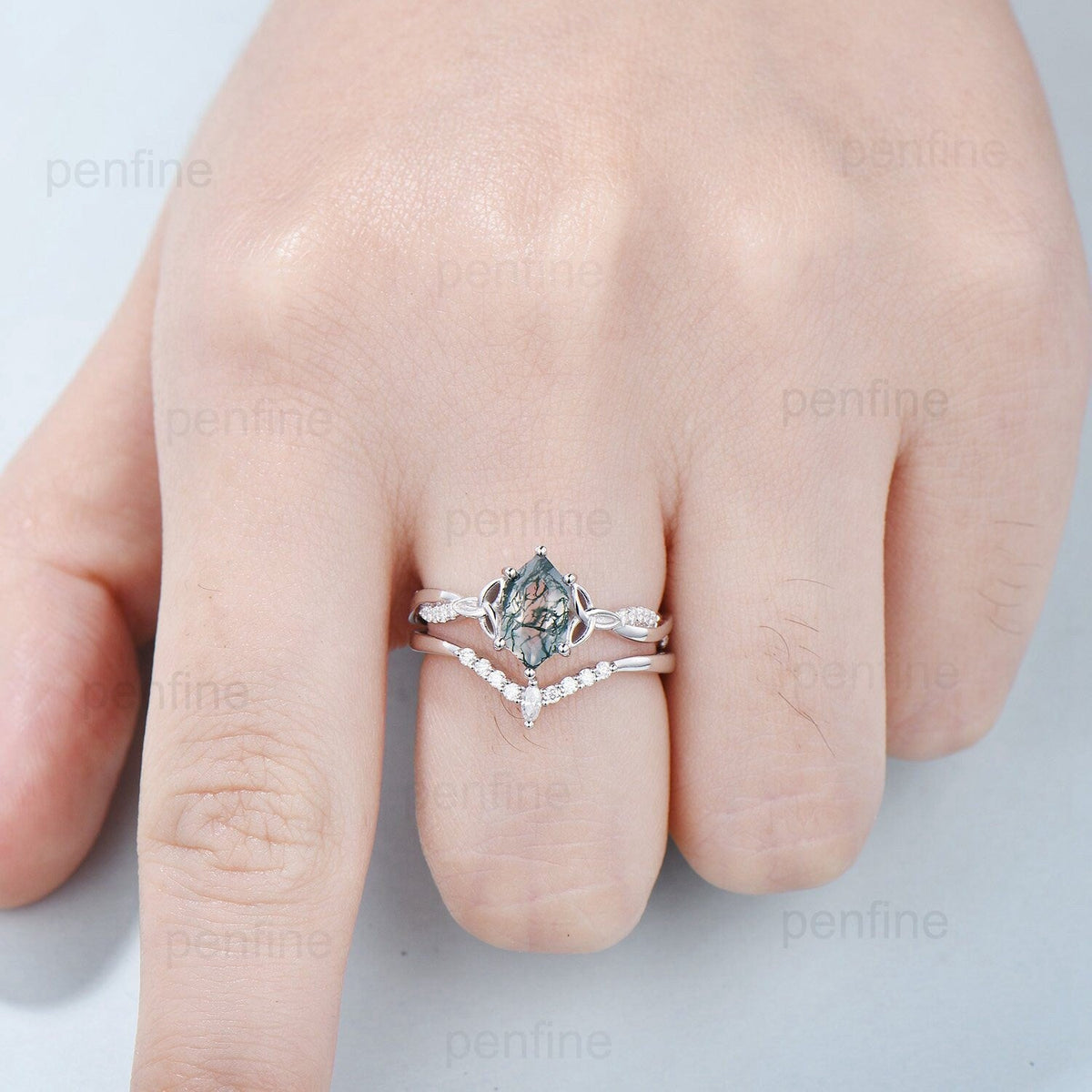 Norse Viking long hexagon moss agate engagement ring set 3/4 eternity twisted infinity moissanite & diamond band wedding ring set for women