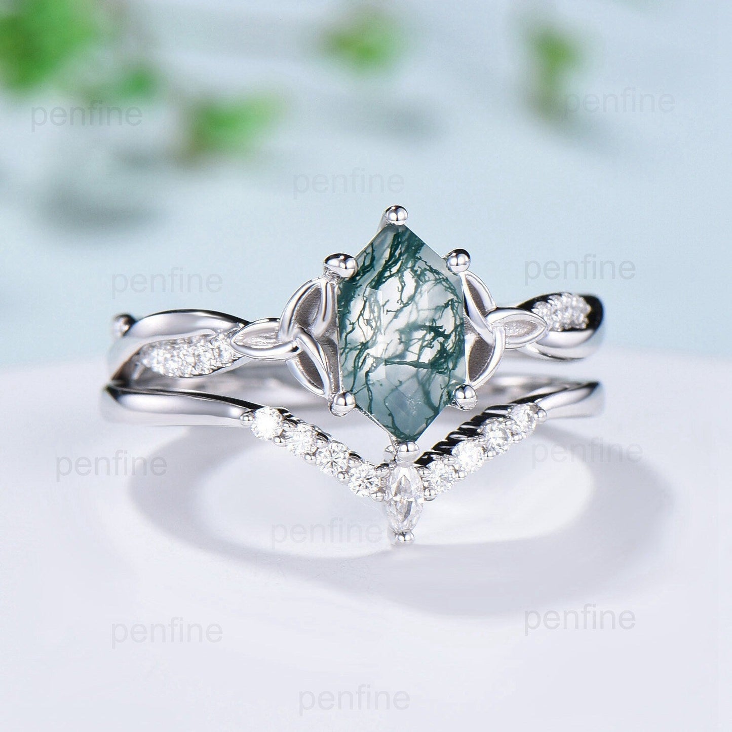 Norse Viking long hexagon moss agate engagement ring set 3/4 eternity twisted infinity moissanite & diamond band wedding ring set for women