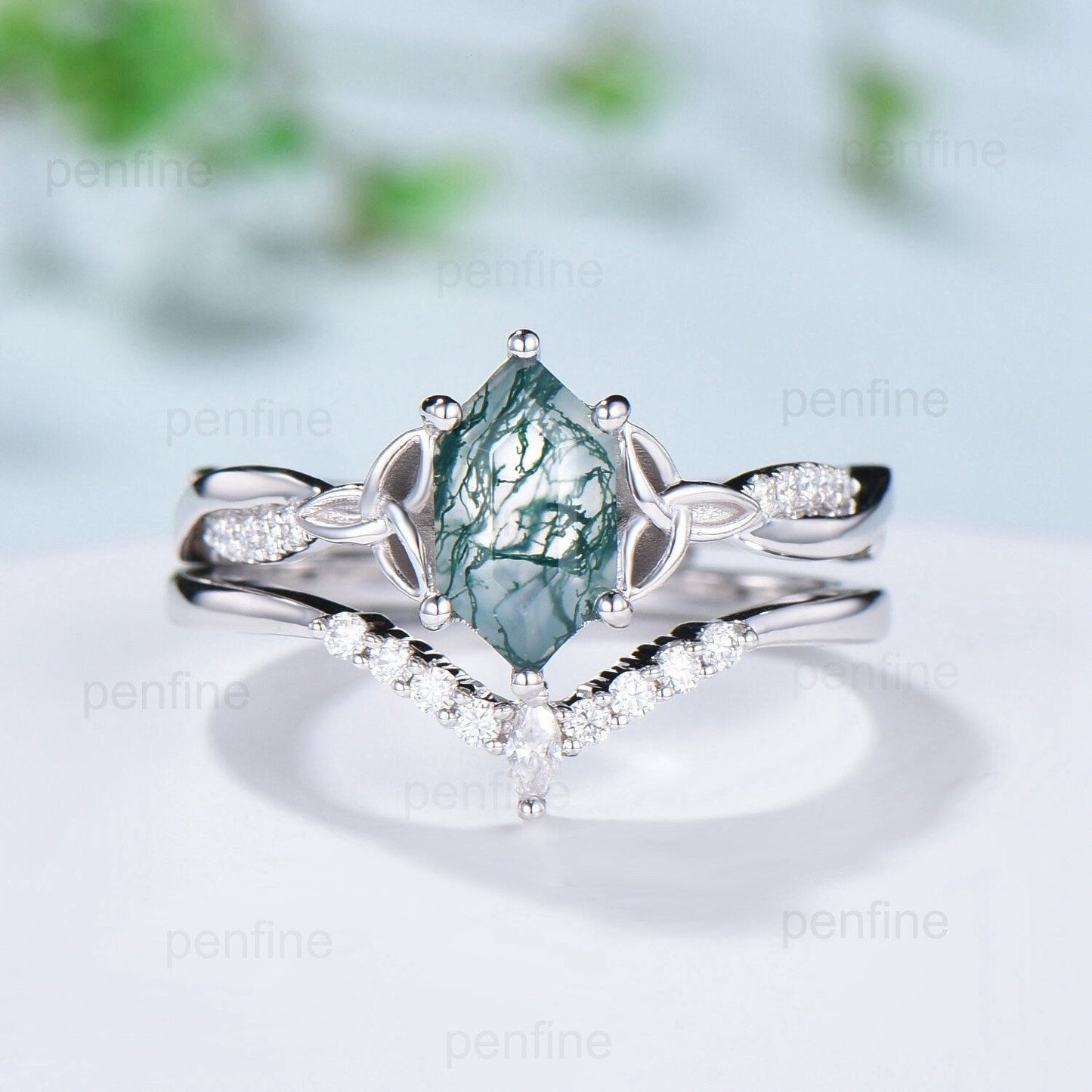 Norse Viking long hexagon moss agate engagement ring set 3/4 eternity twisted infinity moissanite & diamond band wedding ring set for women