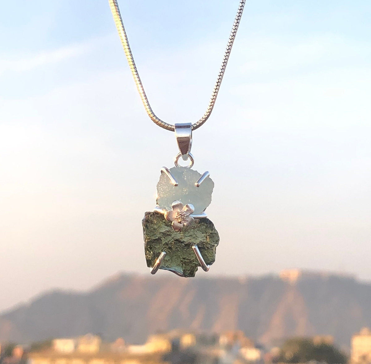 Moldavite Aquamarine pendant, genuine gemstone pendant, sterling silver handmade pendant, 100% genuine with certified gemstone