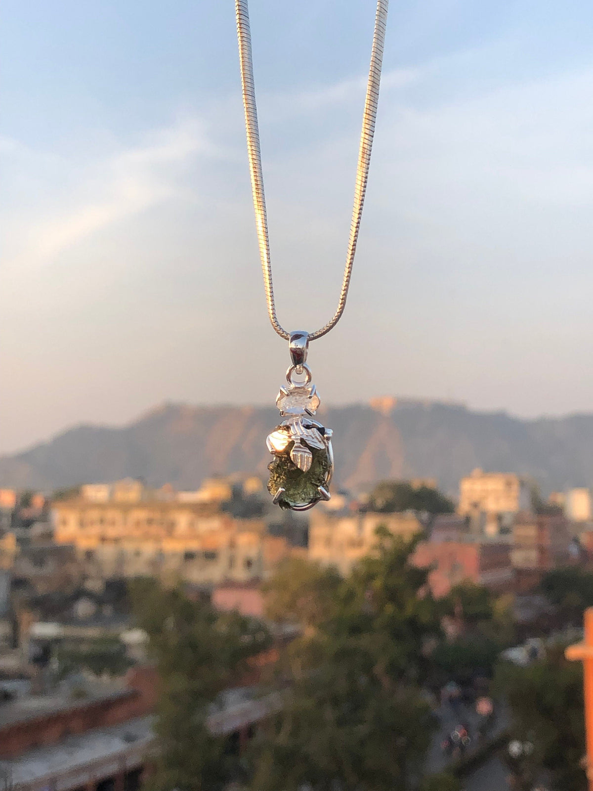Moldavite herkimer pendant, genuine gemstone pendant, sterling silver handmade pendant, 100% genuine with certified gemstone