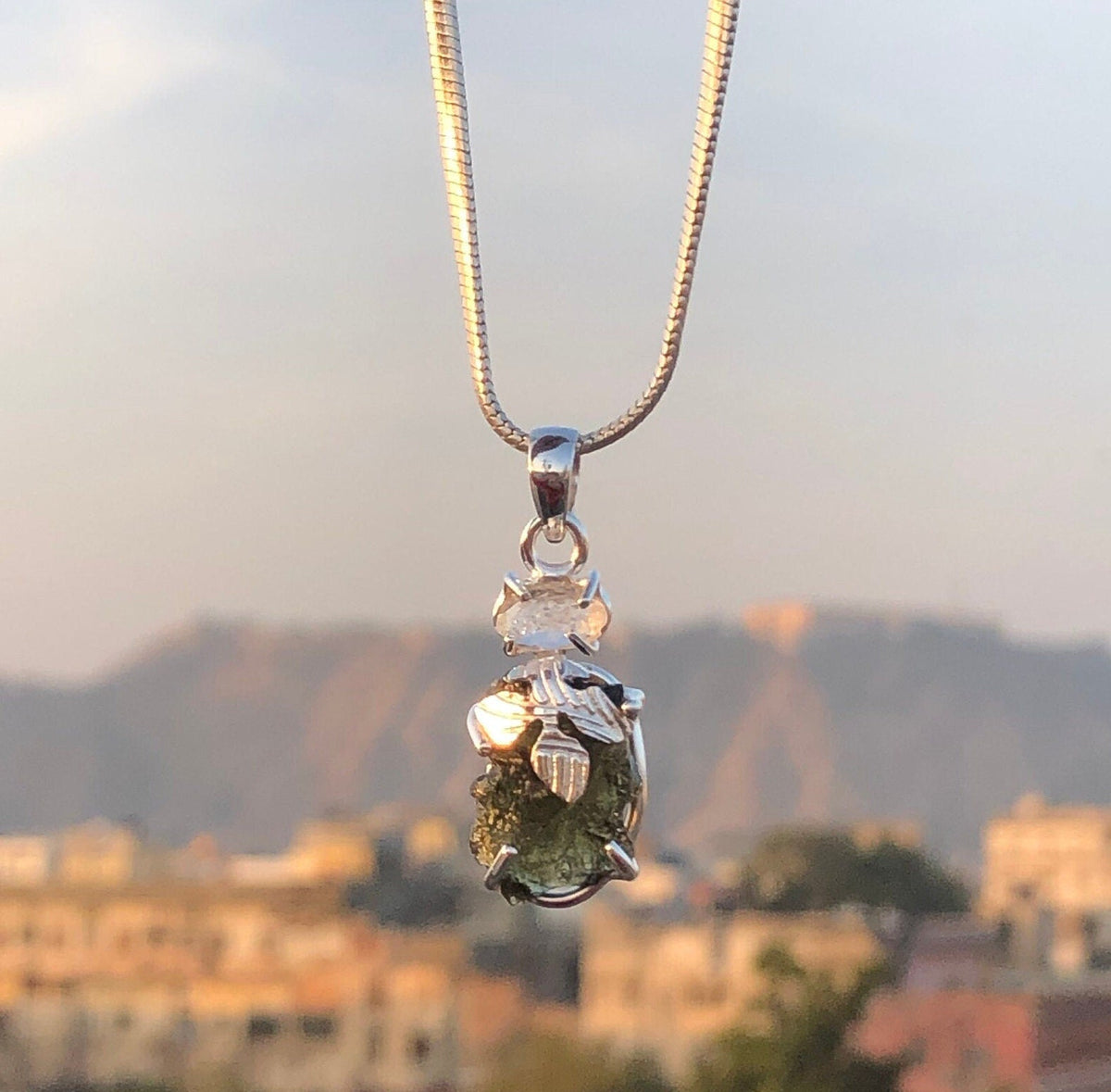 Moldavite herkimer pendant, genuine gemstone pendant, sterling silver handmade pendant, 100% genuine with certified gemstone