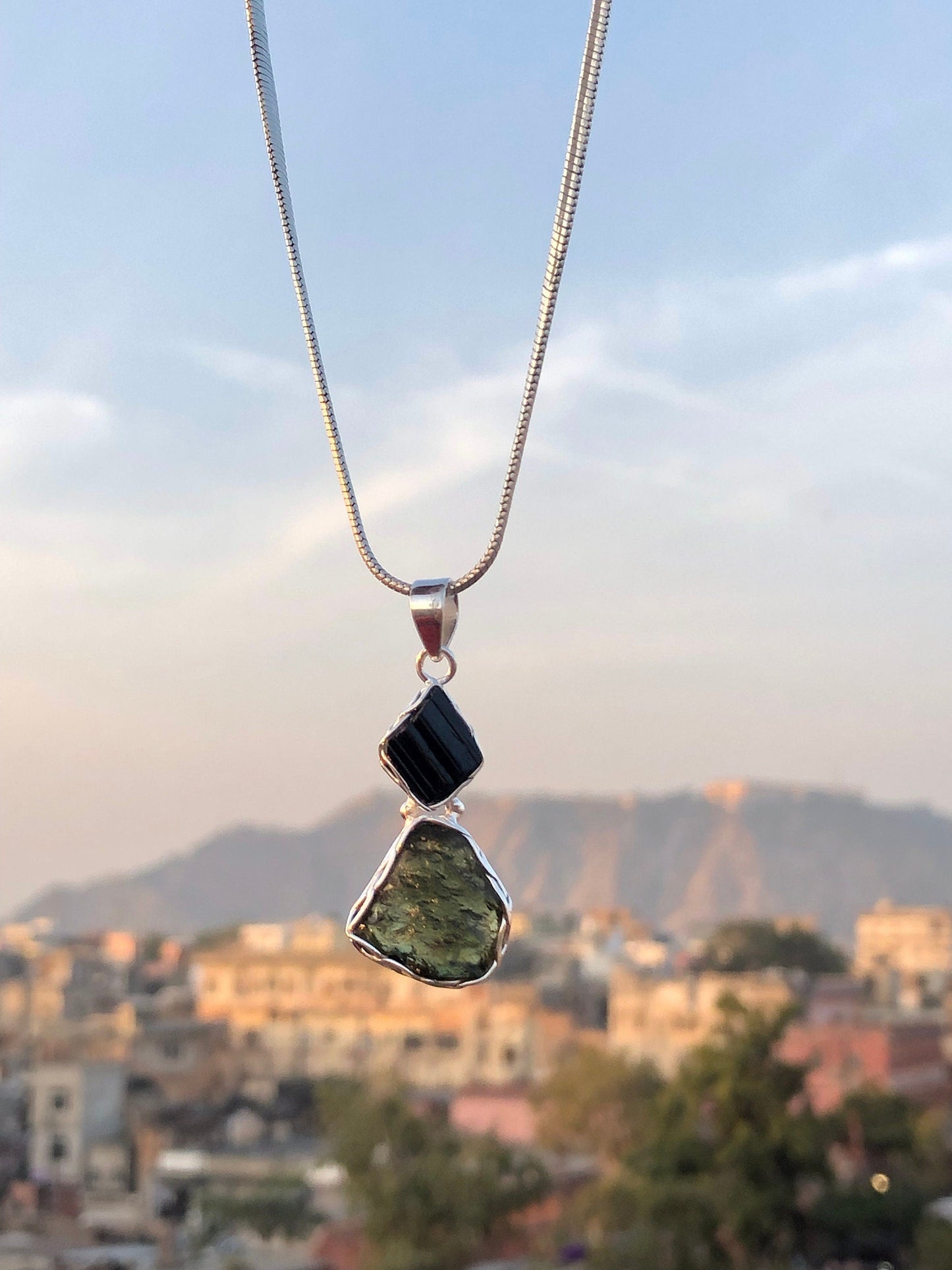 Moldavite Pendant, Black Tourmaline Pendant, Gemstone Pendant, Sterling Silver Pendant, Handmade Pendant, Natural Moldavite