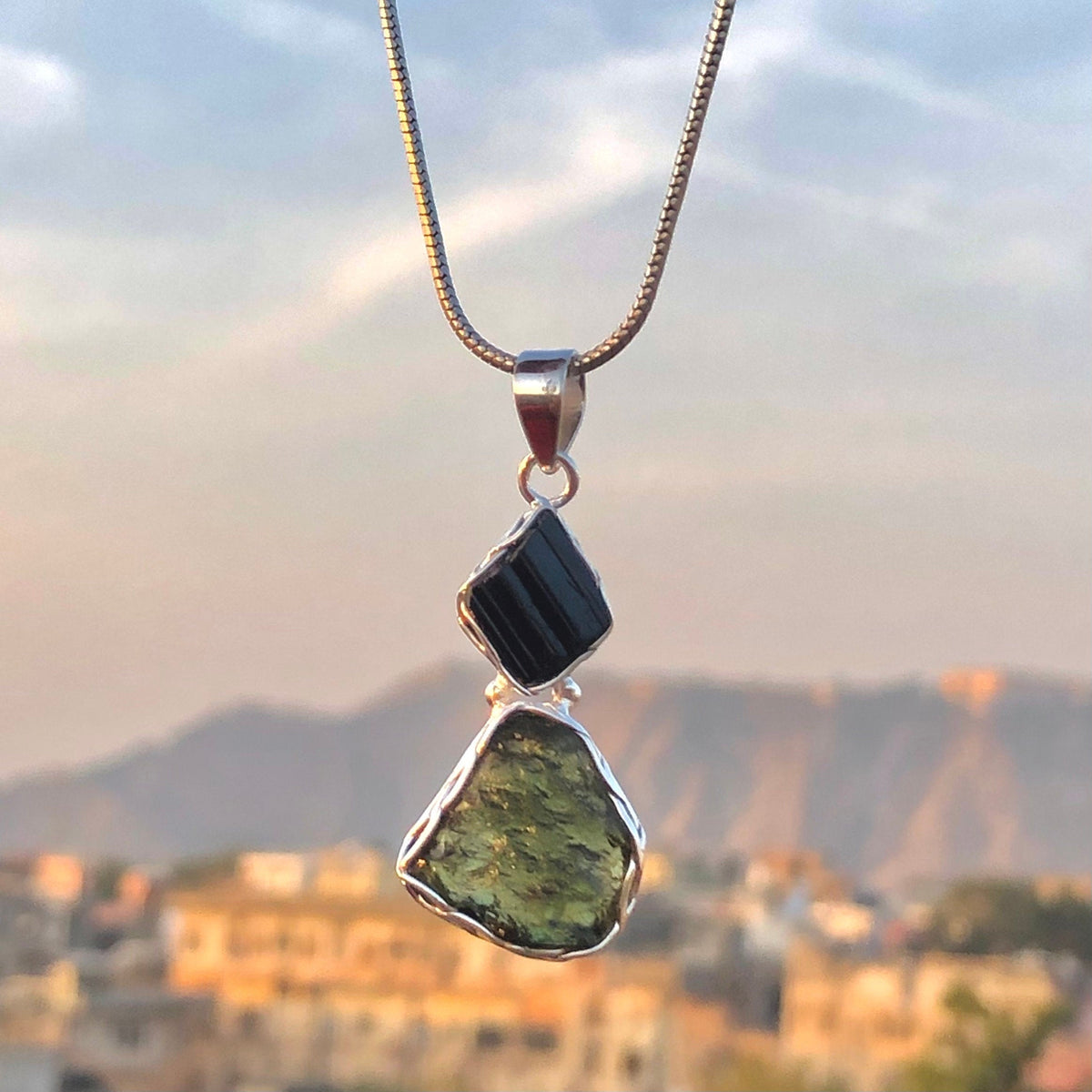 Moldavite Pendant, Black Tourmaline Pendant, Gemstone Pendant, Sterling Silver Pendant, Handmade Pendant, Natural Moldavite