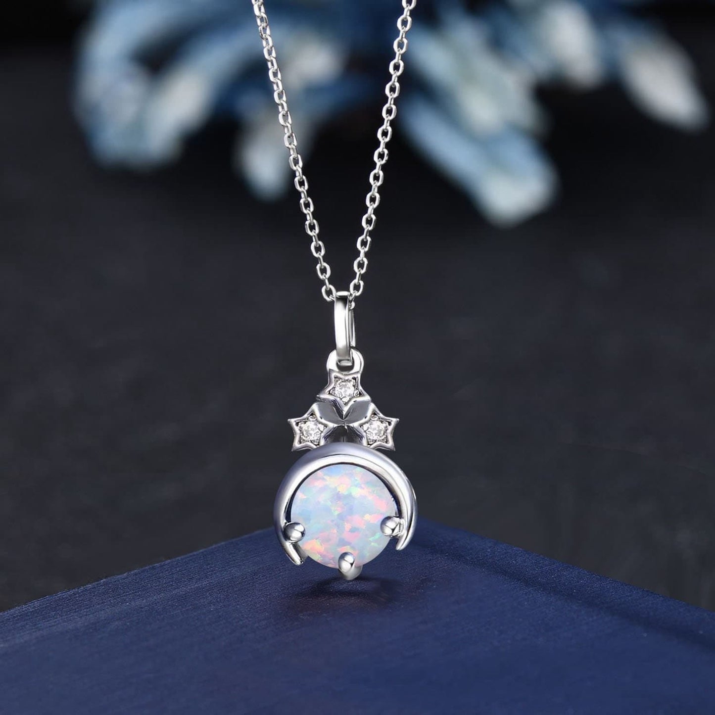Dainty Opal Moissanite Necklace Sterling Silver Star Moon White Opal Pendant Cluster Bridal Necklace Art Deco Women Vintage Anniversary Gift