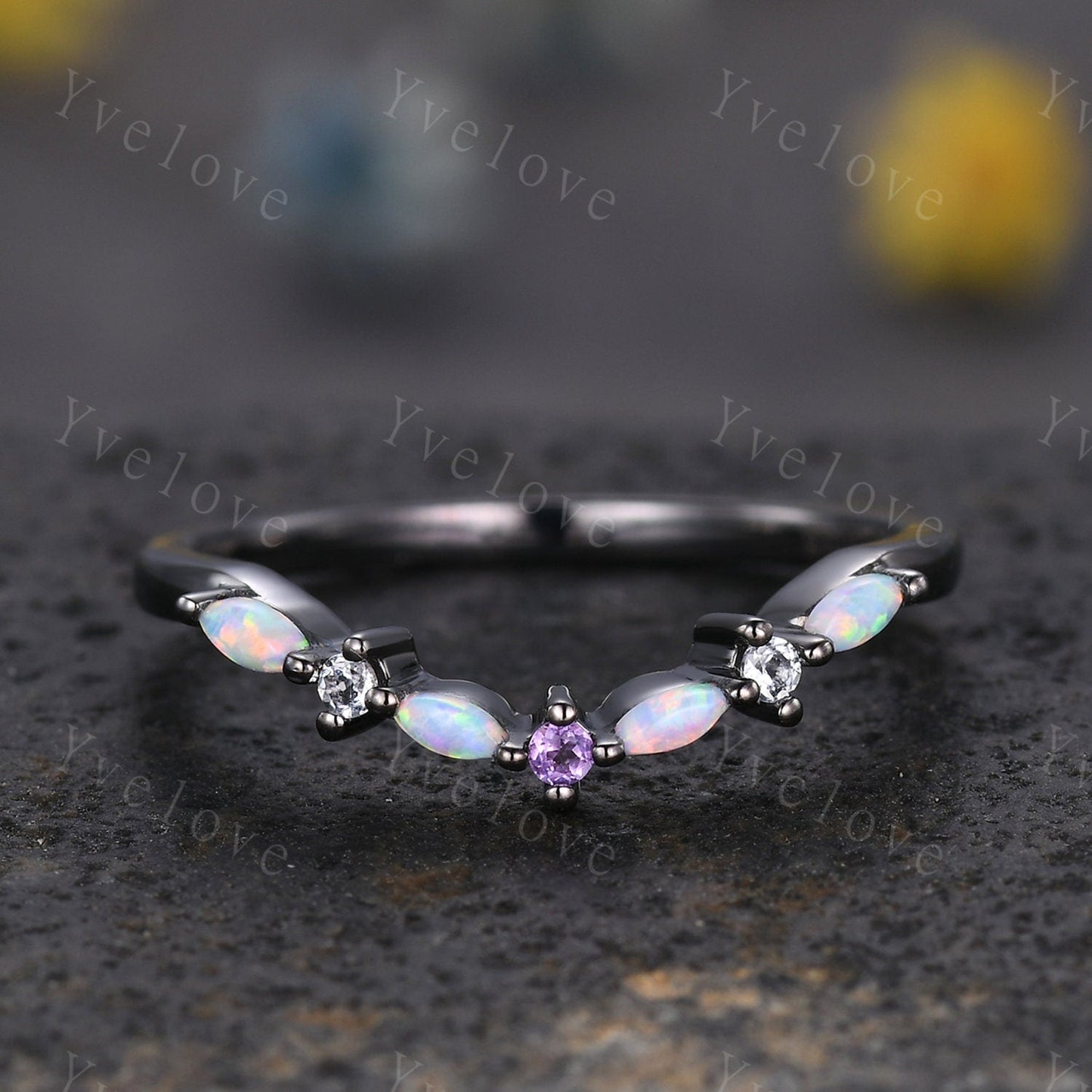 Antique Amethyst Opal wedding band marquise Opal Ring,Women Matching Band,Art Deco Curved Moissanite Wedding Band,Black Gold Ring,Customized