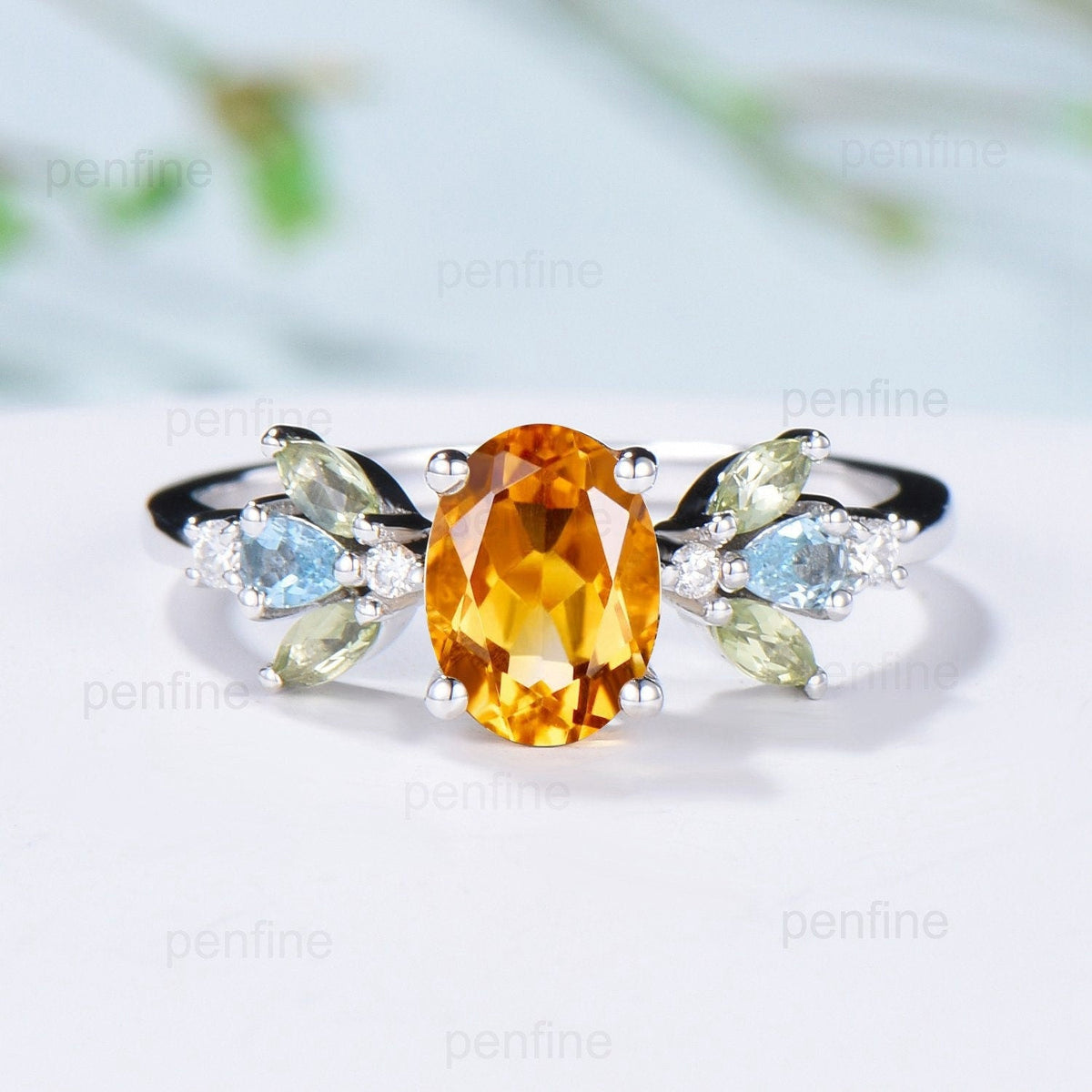 Unique Oval Citrine Engagement Rings Multi-Stone Rings Marqusie Cut Peridot Wedding Ring Swiss Topaz Anniversary Ring Vintage Rose Gold Ring