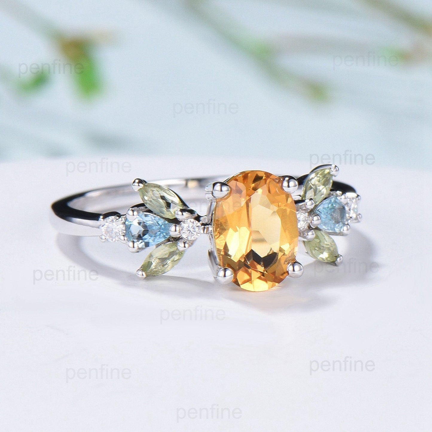 Unique Oval Citrine Engagement Rings Multi-Stone Rings Marqusie Cut Peridot Wedding Ring Swiss Topaz Anniversary Ring Vintage Rose Gold Ring
