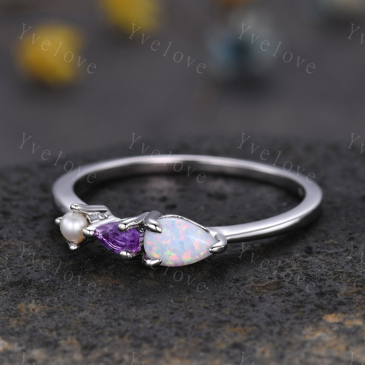 Vintage Opal Amethyst Engagement Ring,Pear Cut Gems,Art Deco Pearl Wedding Band,3 Stone Unique Women Bridal Promise Ring,Gold ring,Custom