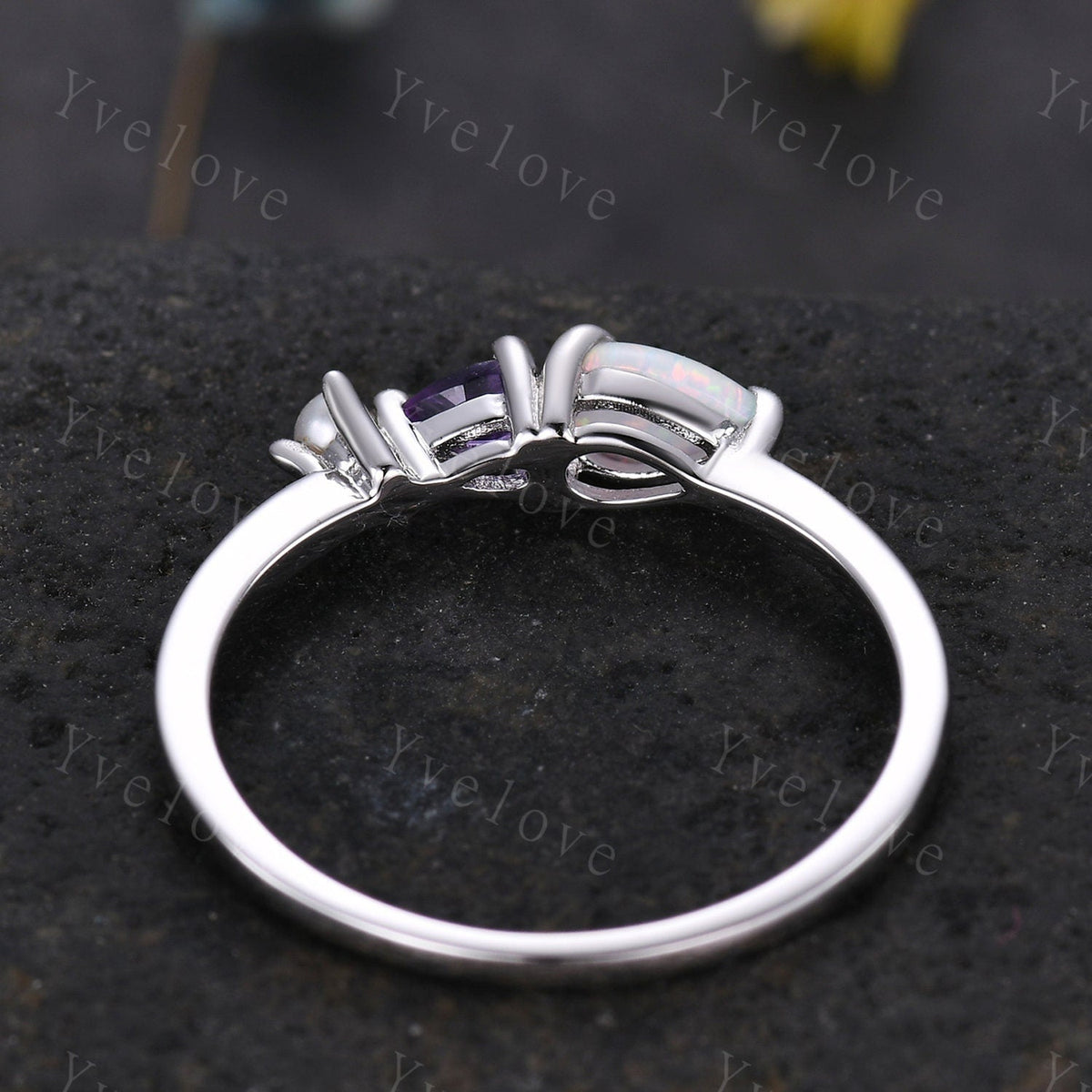 Vintage Opal Amethyst Engagement Ring,Pear Cut Gems,Art Deco Pearl Wedding Band,3 Stone Unique Women Bridal Promise Ring,Gold ring,Custom