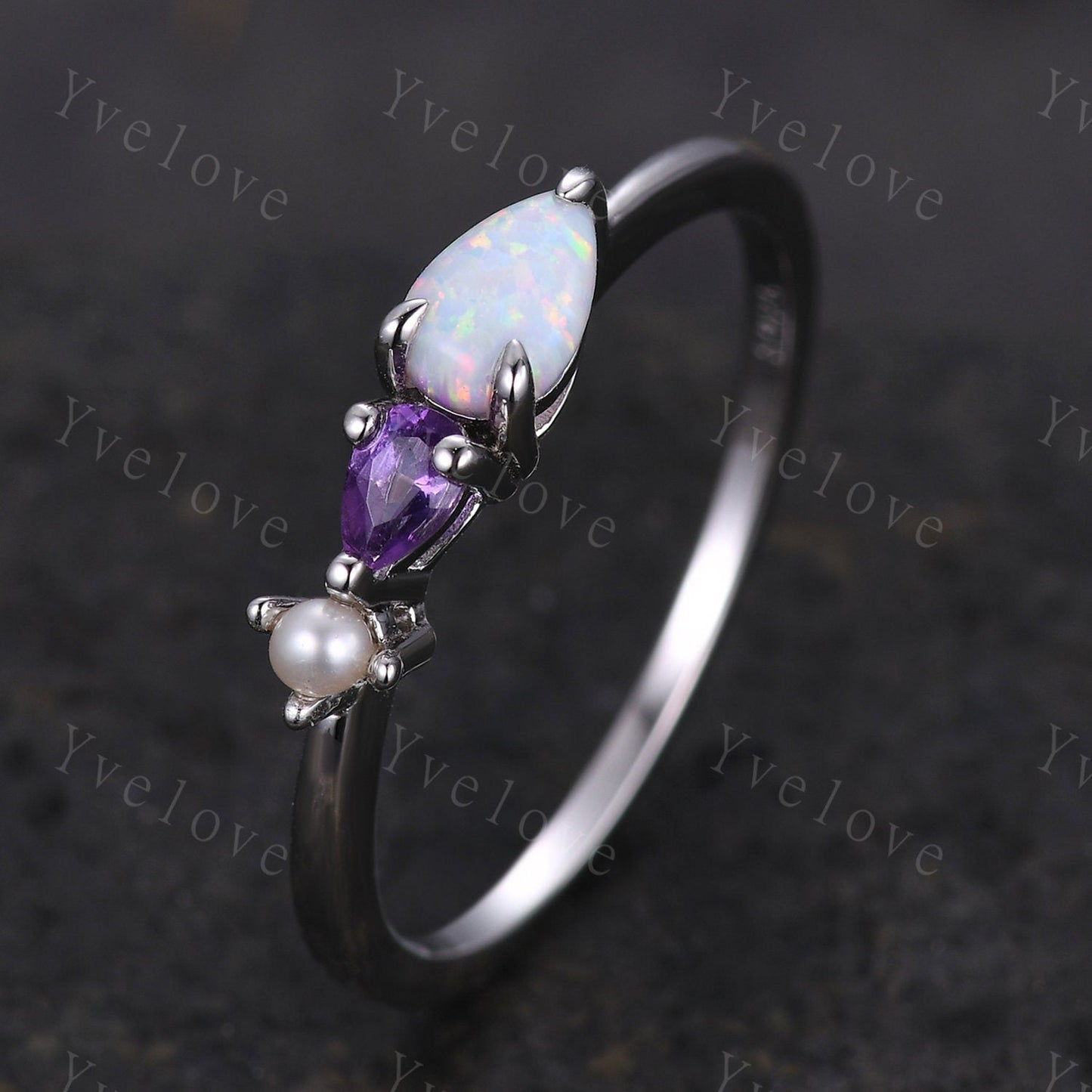 Vintage Opal Amethyst Engagement Ring,Pear Cut Gems,Art Deco Pearl Wedding Band,3 Stone Unique Women Bridal Promise Ring,Gold ring,Custom