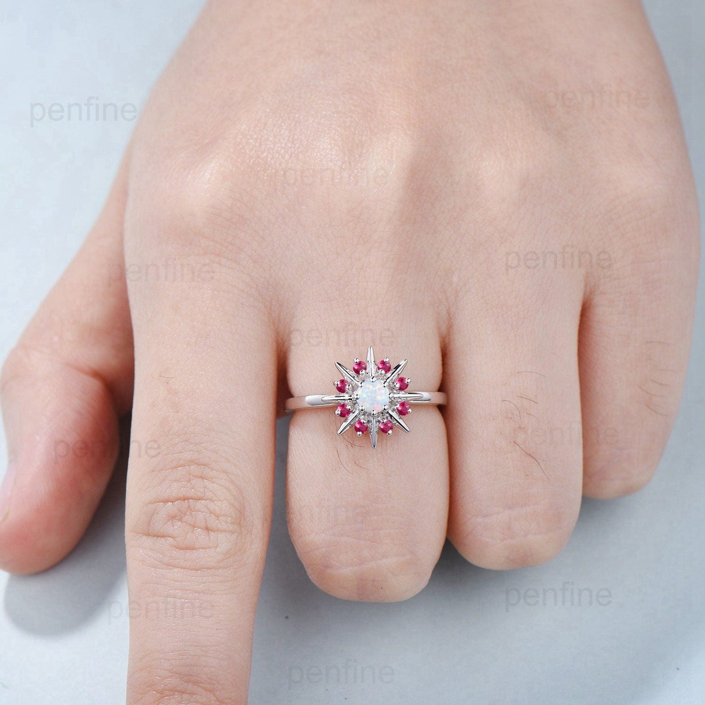 Vintage Galaxy Star Fire Opal Engagement Ring Sunflower White Gold Art Deco Opal Ruby Stacking Promise Ring Handmade Proposal Gifts Women