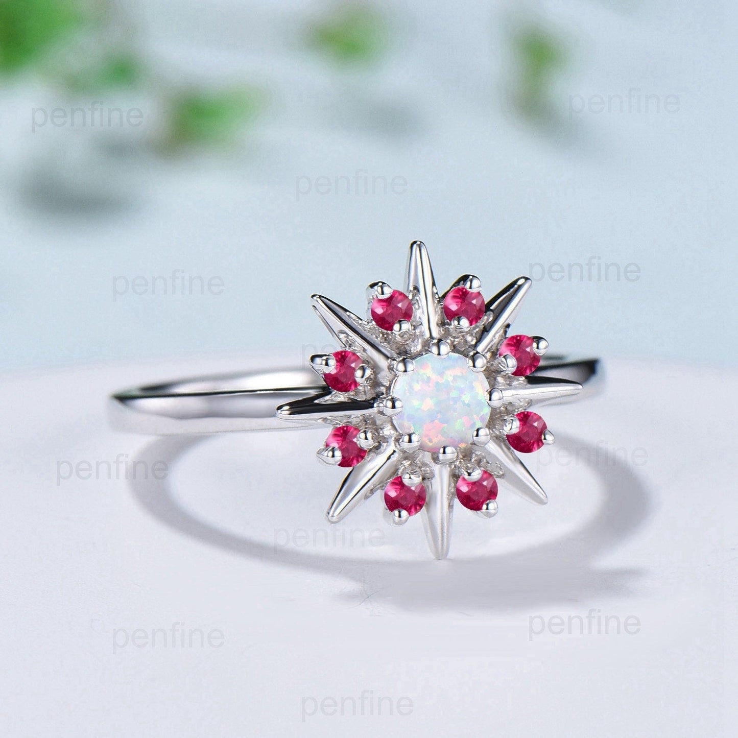 Vintage Galaxy Star Fire Opal Engagement Ring Sunflower White Gold Art Deco Opal Ruby Stacking Promise Ring Handmade Proposal Gifts Women