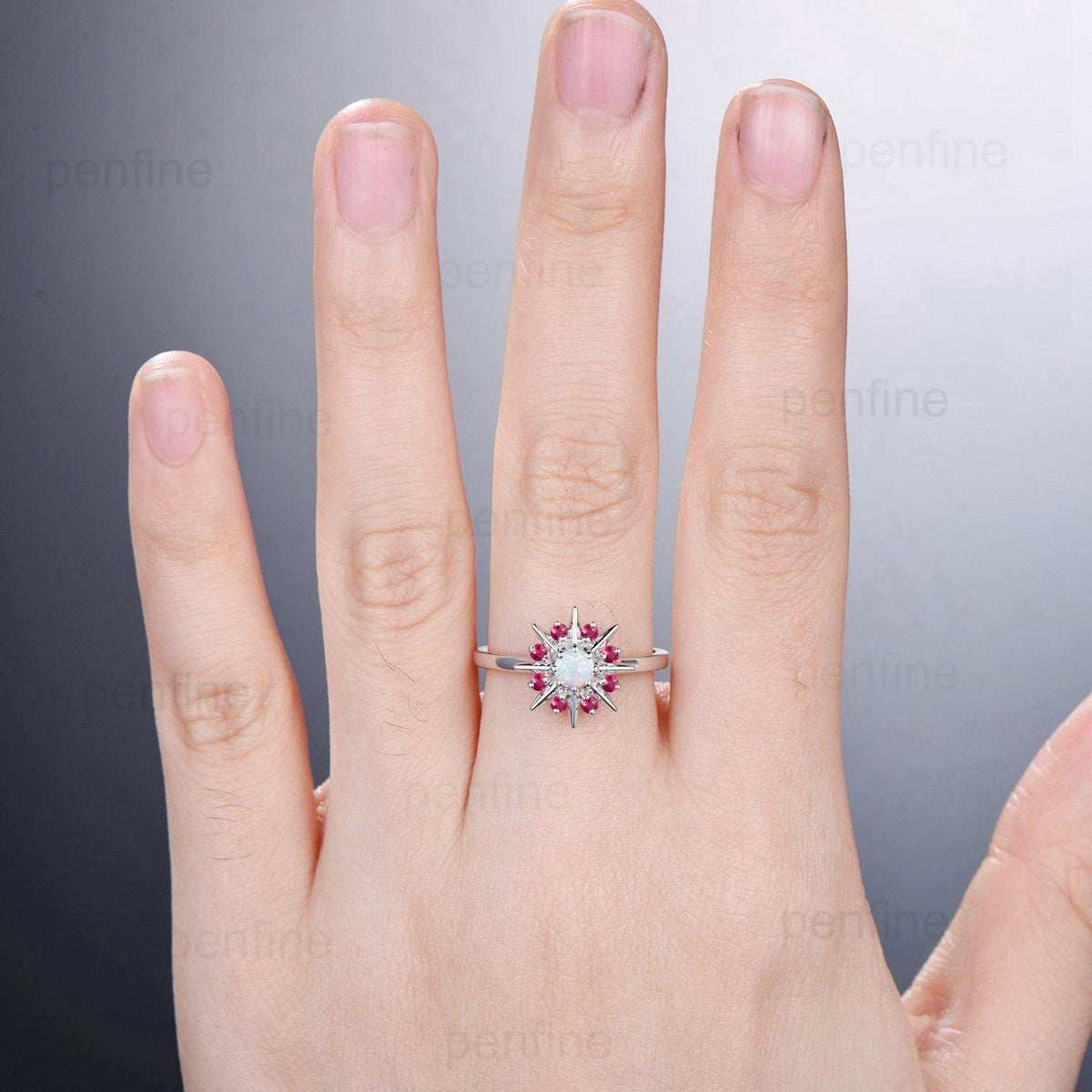 Vintage Galaxy Star Fire Opal Engagement Ring Sunflower White Gold Art Deco Opal Ruby Stacking Promise Ring Handmade Proposal Gifts Women