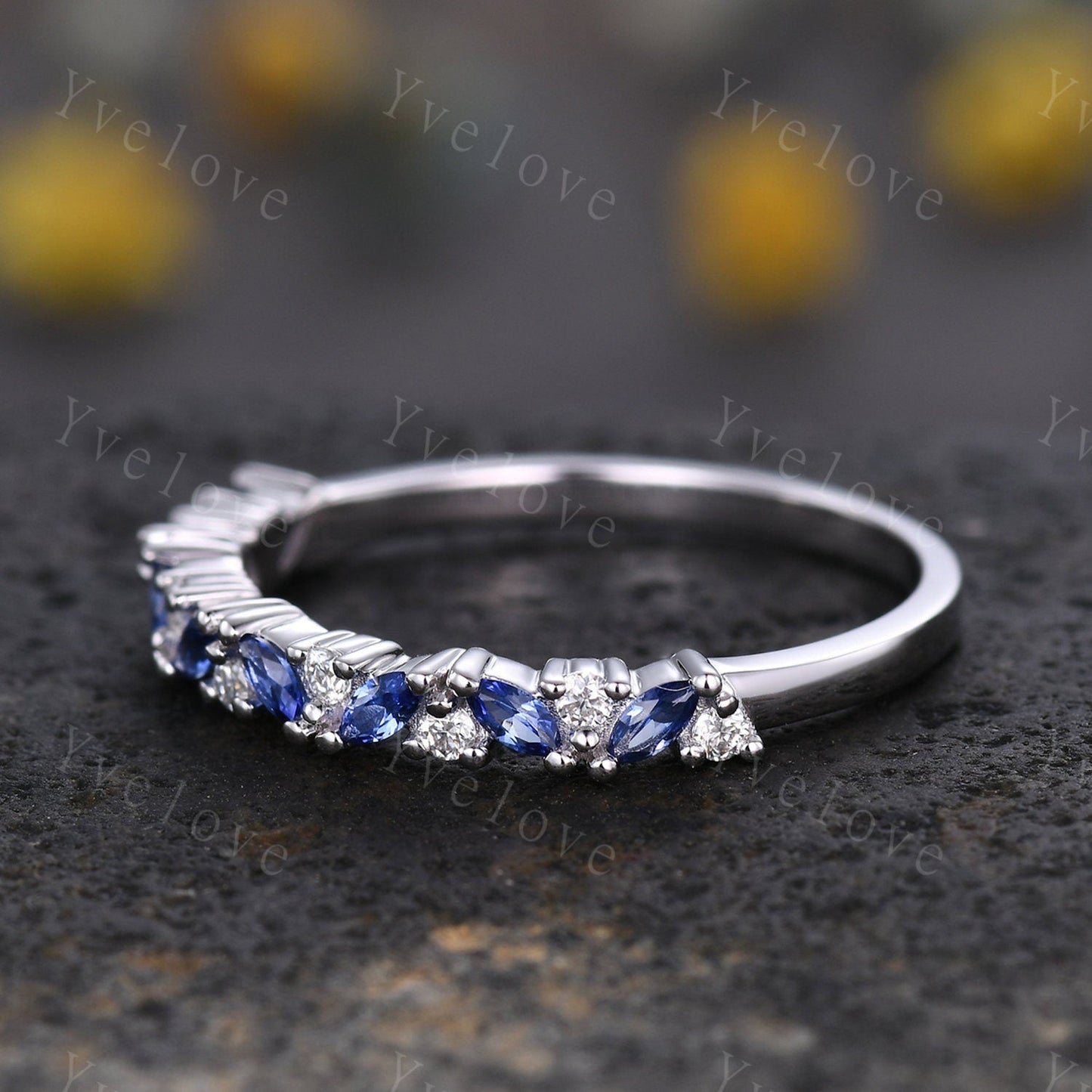 Marquise sapphire wedding band vintage sapphire ring yellow gold moissanite antique unique stacking band anniversary promise matching band