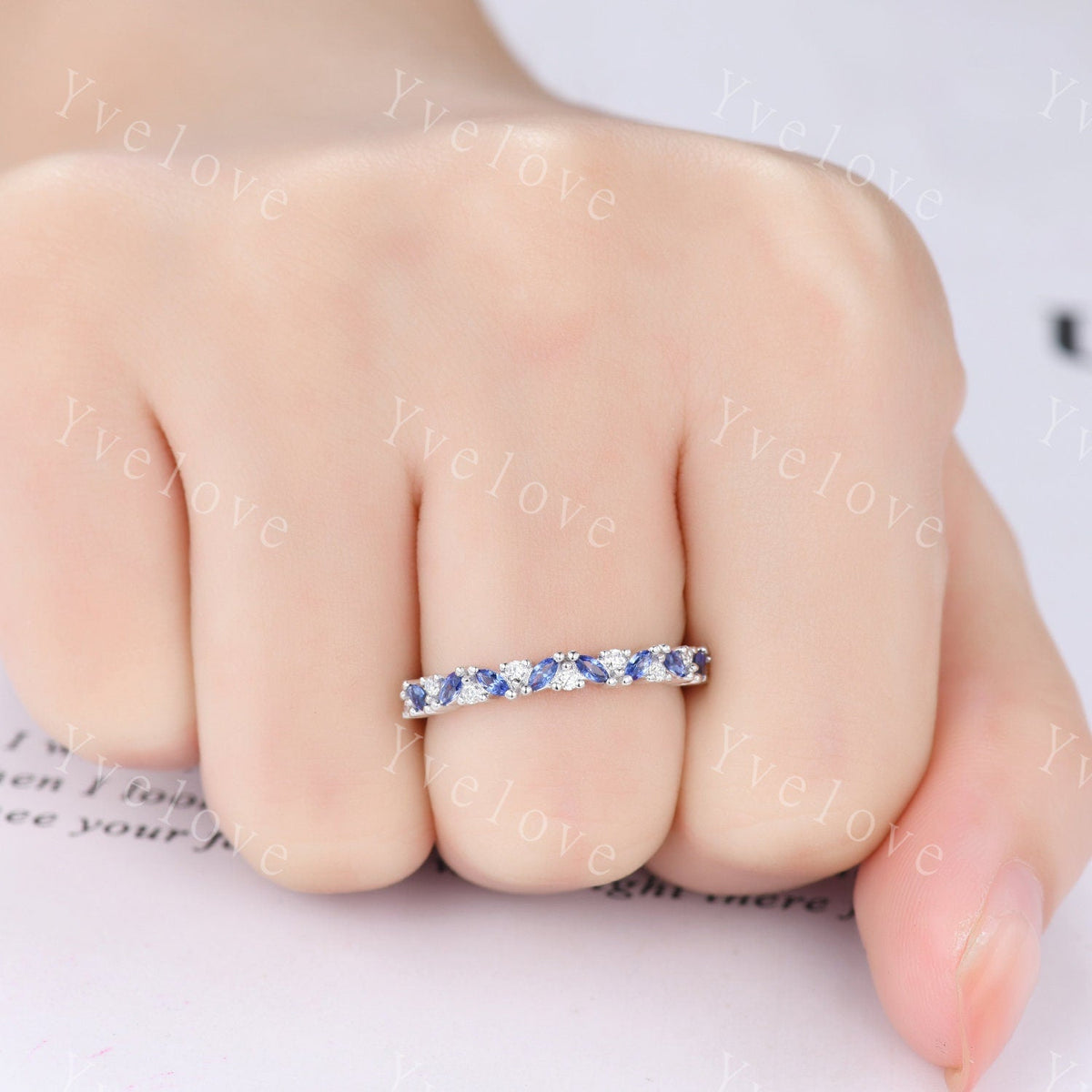 Marquise sapphire wedding band vintage sapphire ring yellow gold moissanite antique unique stacking band anniversary promise matching band