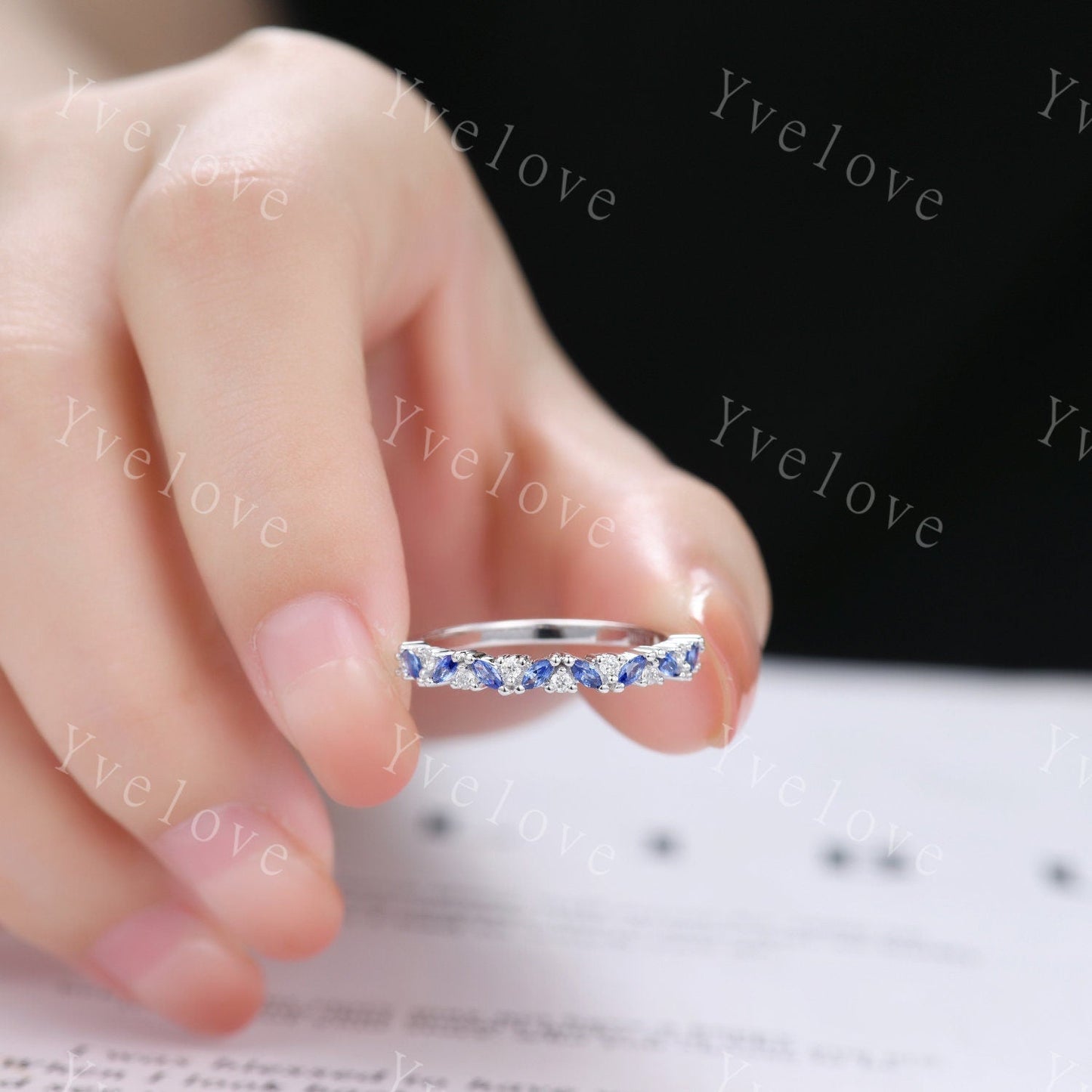 Marquise sapphire wedding band vintage sapphire ring yellow gold moissanite antique unique stacking band anniversary promise matching band