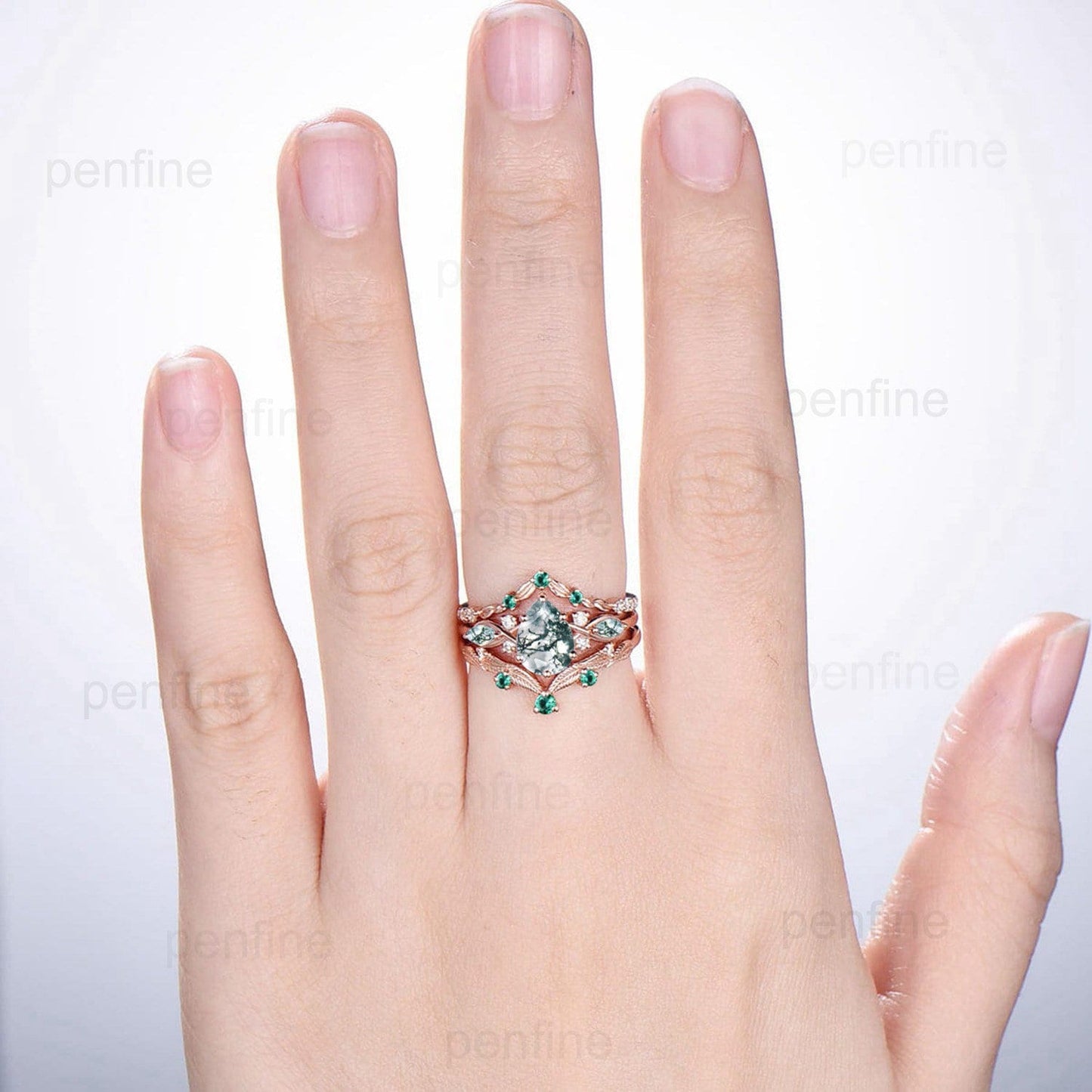 3pcs 10K Yellow Gold Moss Agate Ring Set Pear Shaped Natural Green Agate  Leaf Vine Engagement Ring Set