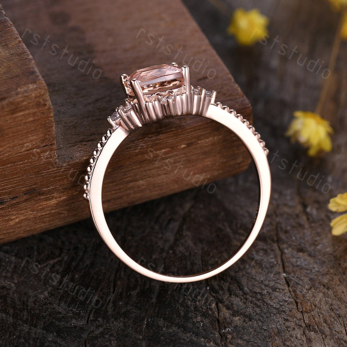 Art Deco Pink Morganite Engagement Ring: Diamond 14K Rose Gold Wedding Band