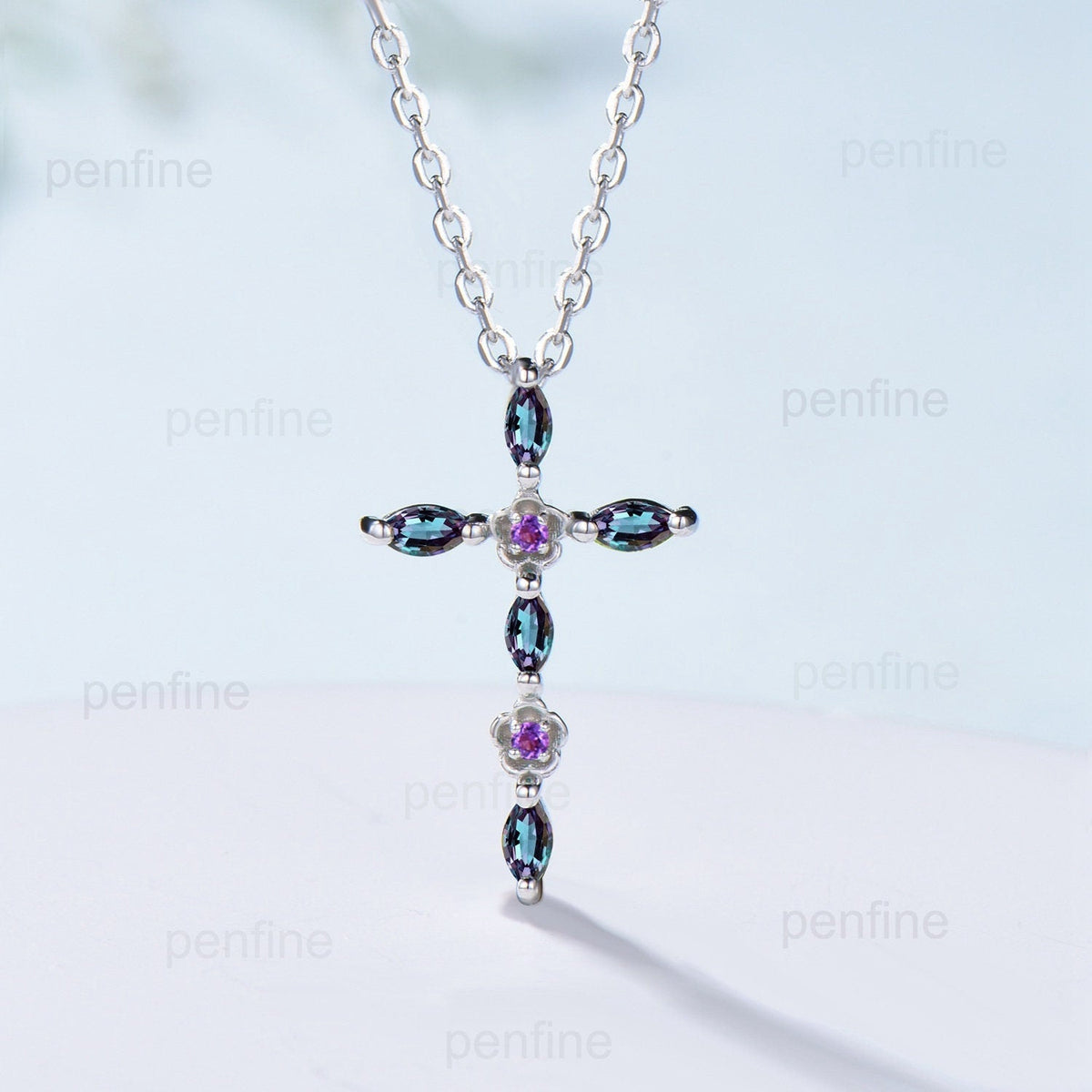 Cross Pendant Necklace Alexandrite Flower Amethyst Necklace Cross Jesus Retro Vintage Cross Pendant White Gold Anniversary gift for women