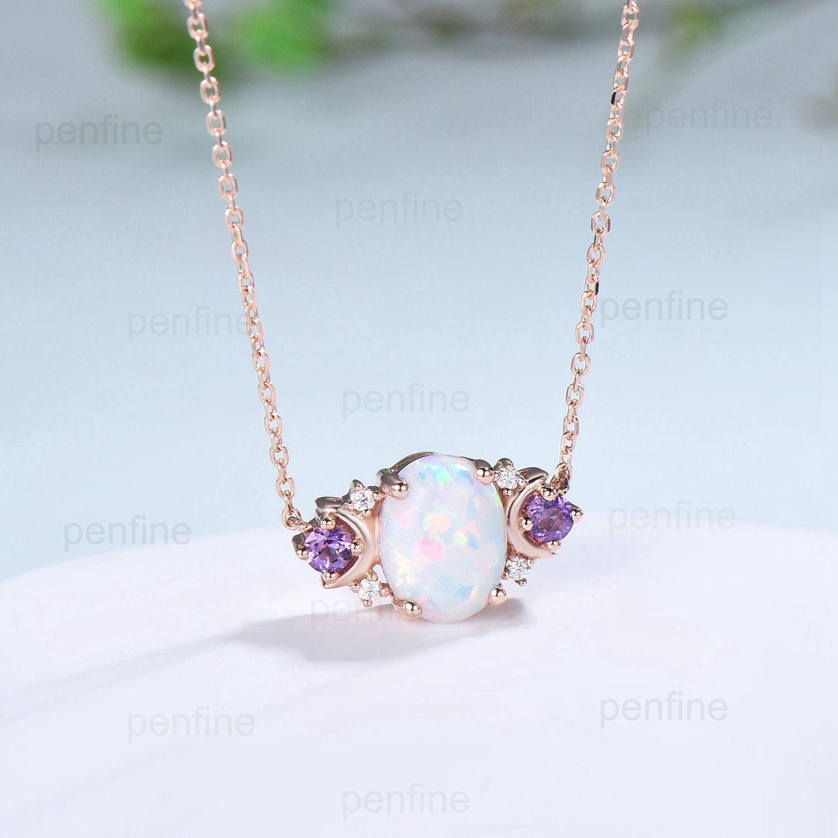 Vintage Moon Opal Amethyst Pendant Necklace Unique Nature Inspired Fire Opal Pendant Alternative Cute Amethyst Moissanite Necklace For Women