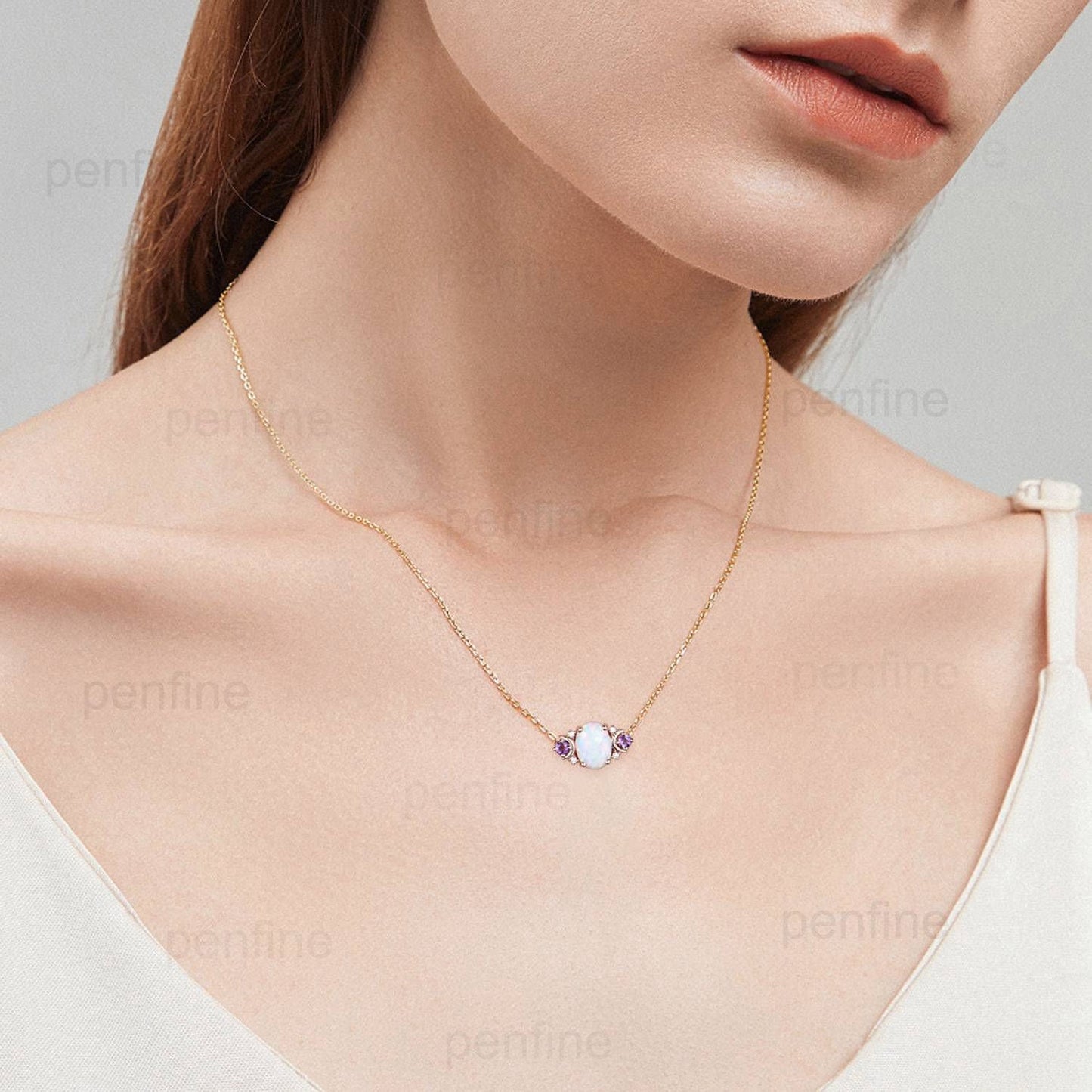 Vintage Moon Opal Amethyst Pendant Necklace Unique Nature Inspired Fire Opal Pendant Alternative Cute Amethyst Moissanite Necklace For Women