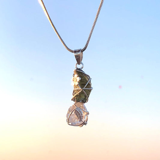 Genuine Moldavite Rough Herkimer Diamond Pendant Natural Gemstone From Czech Republic 925 Sterling Silver Handmade Designer Jewelry
