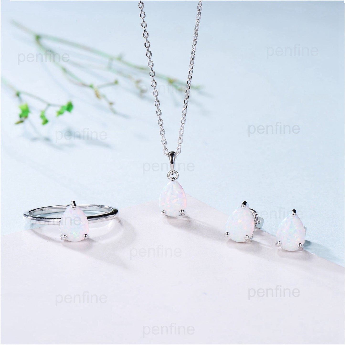 Dainty fire opal wedding set solitaire white opal engagement ring rose gold minimalist October birthstone pendant necklace opal earrings