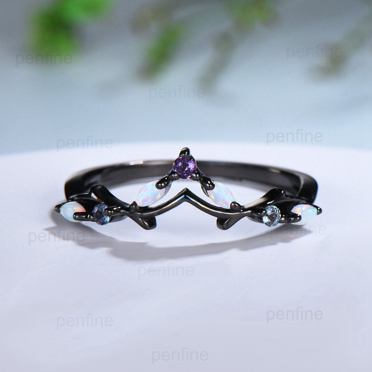 Vintage Fire Opal Amethyst Eternity Wedding Band Black Gold Unique Alexandrite Stackable Marquise Art Deco Matching Band Anniversary Gift
