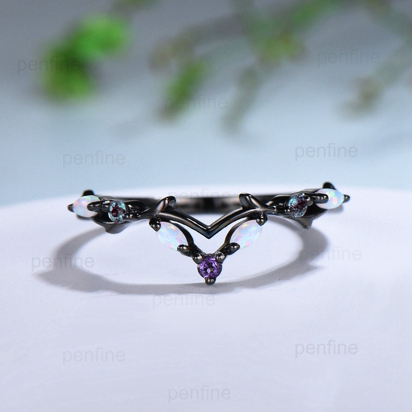 Vintage Fire Opal Amethyst Eternity Wedding Band Black Gold Unique Alexandrite Stackable Marquise Art Deco Matching Band Anniversary Gift