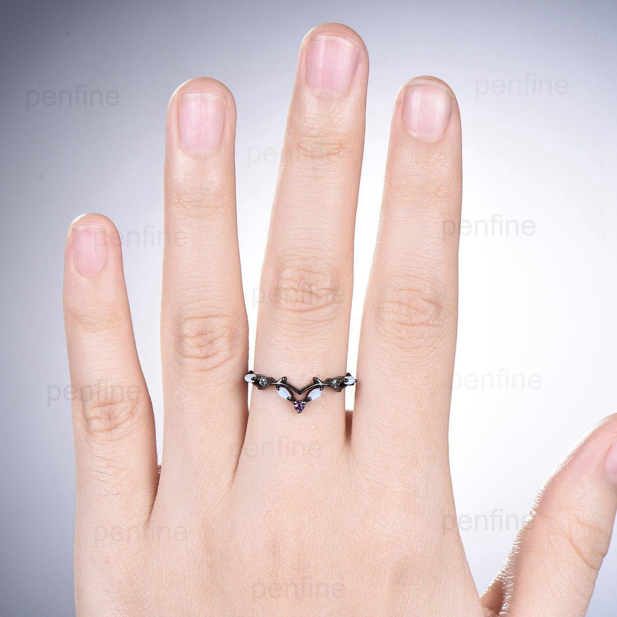 Vintage Fire Opal Amethyst Eternity Wedding Band Black Gold Unique Alexandrite Stackable Marquise Art Deco Matching Band Anniversary Gift