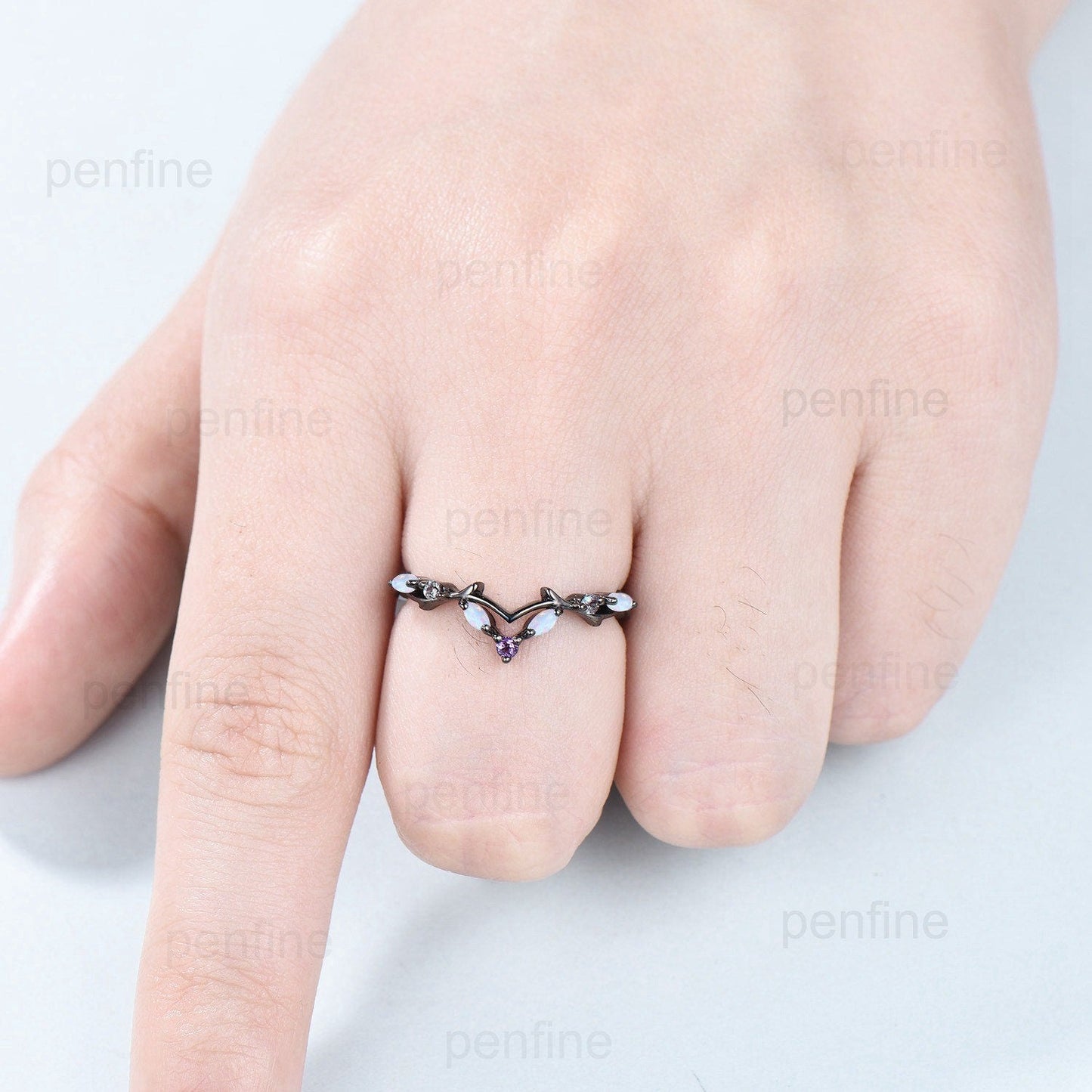 Vintage Fire Opal Amethyst Eternity Wedding Band Black Gold Unique Alexandrite Stackable Marquise Art Deco Matching Band Anniversary Gift
