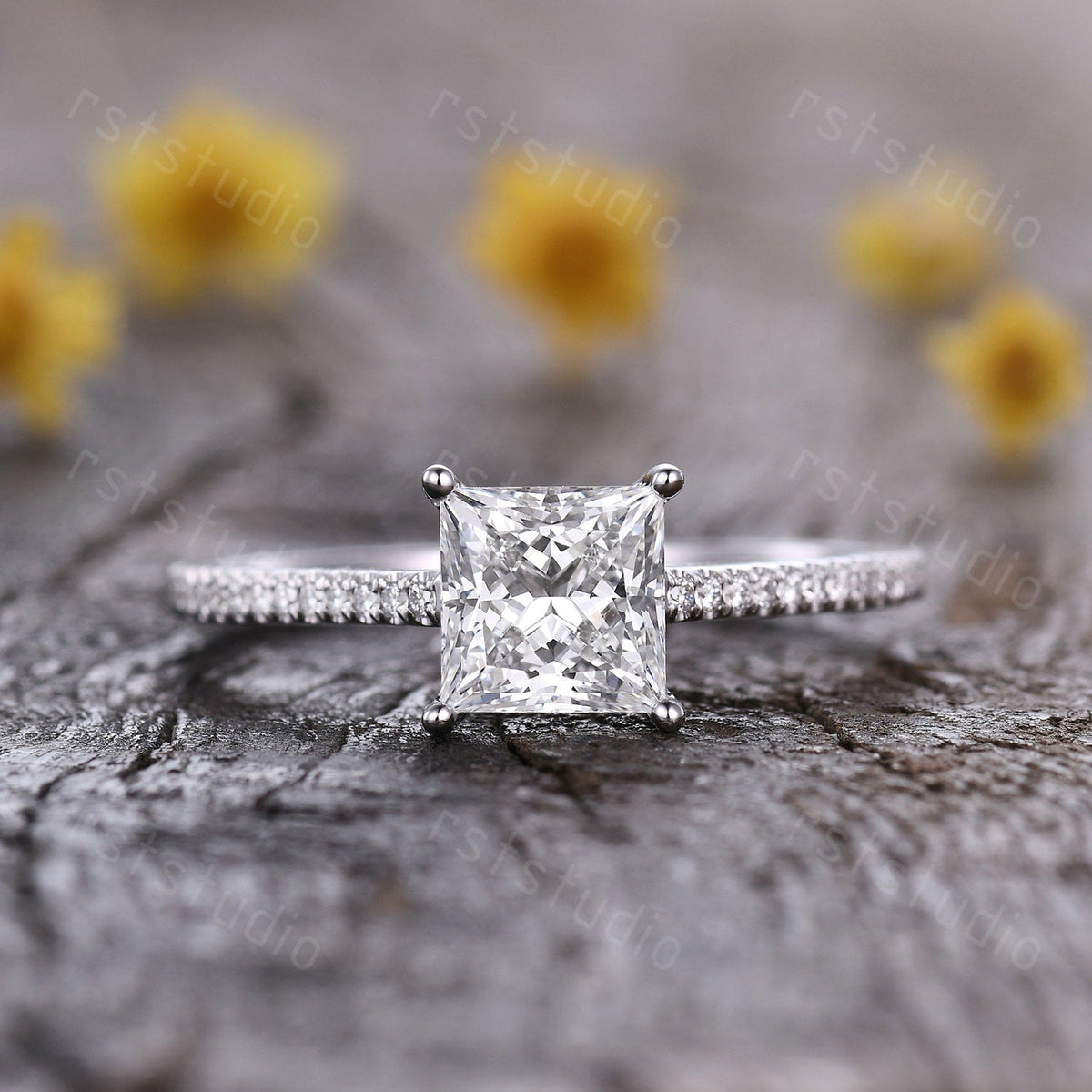 1ct Princess Cut Lab Grown Diamond Engagement Ring: 14K White Gold Wedding Band