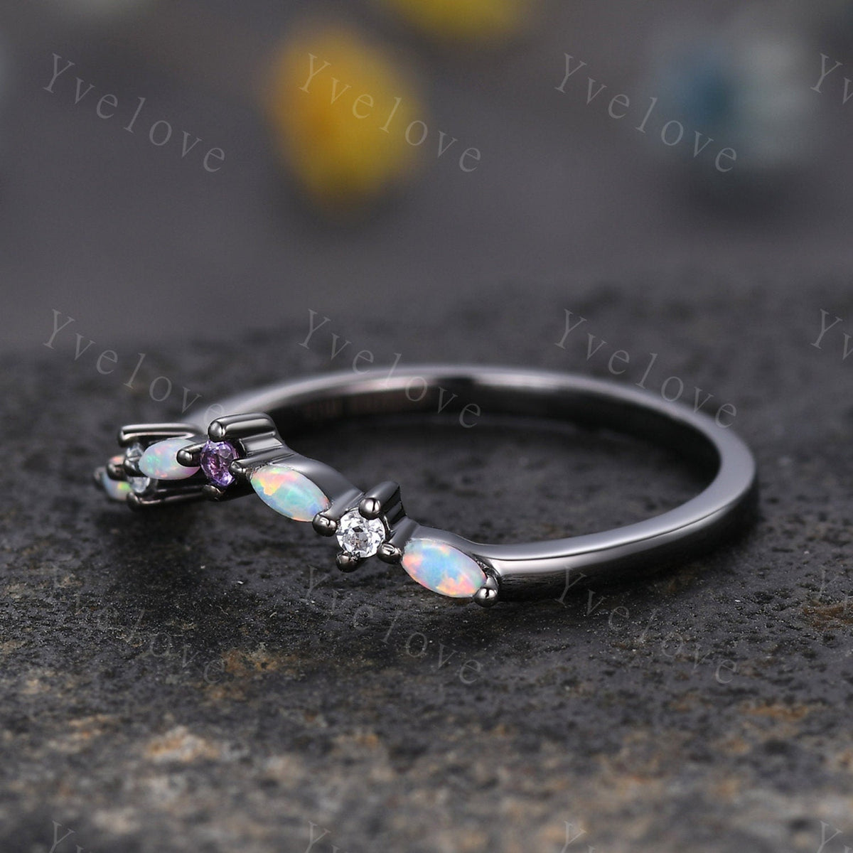 Antique Amethyst Opal wedding band marquise Opal Ring,Women Matching Band,Art Deco Curved Moissanite Wedding Band,Black Gold Ring,Customized