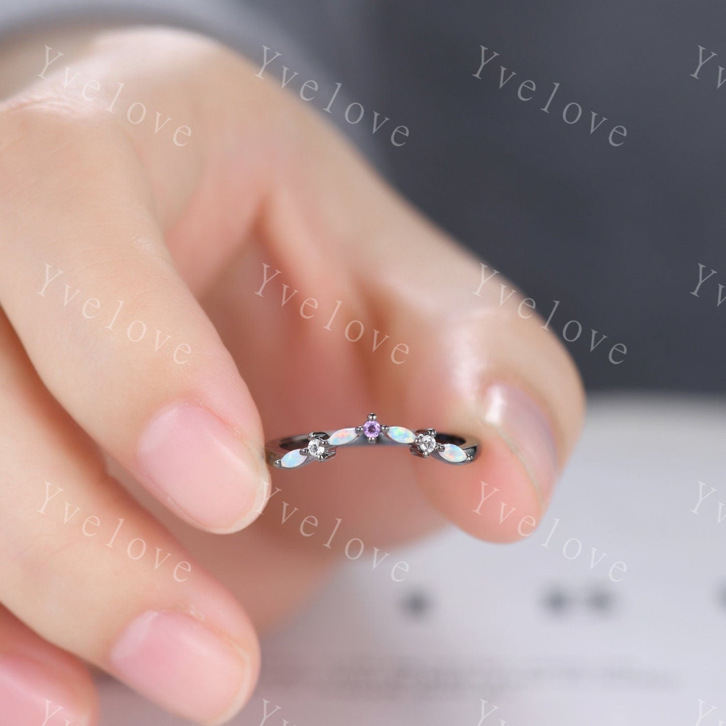 Antique Amethyst Opal wedding band marquise Opal Ring,Women Matching Band,Art Deco Curved Moissanite Wedding Band,Black Gold Ring,Customized