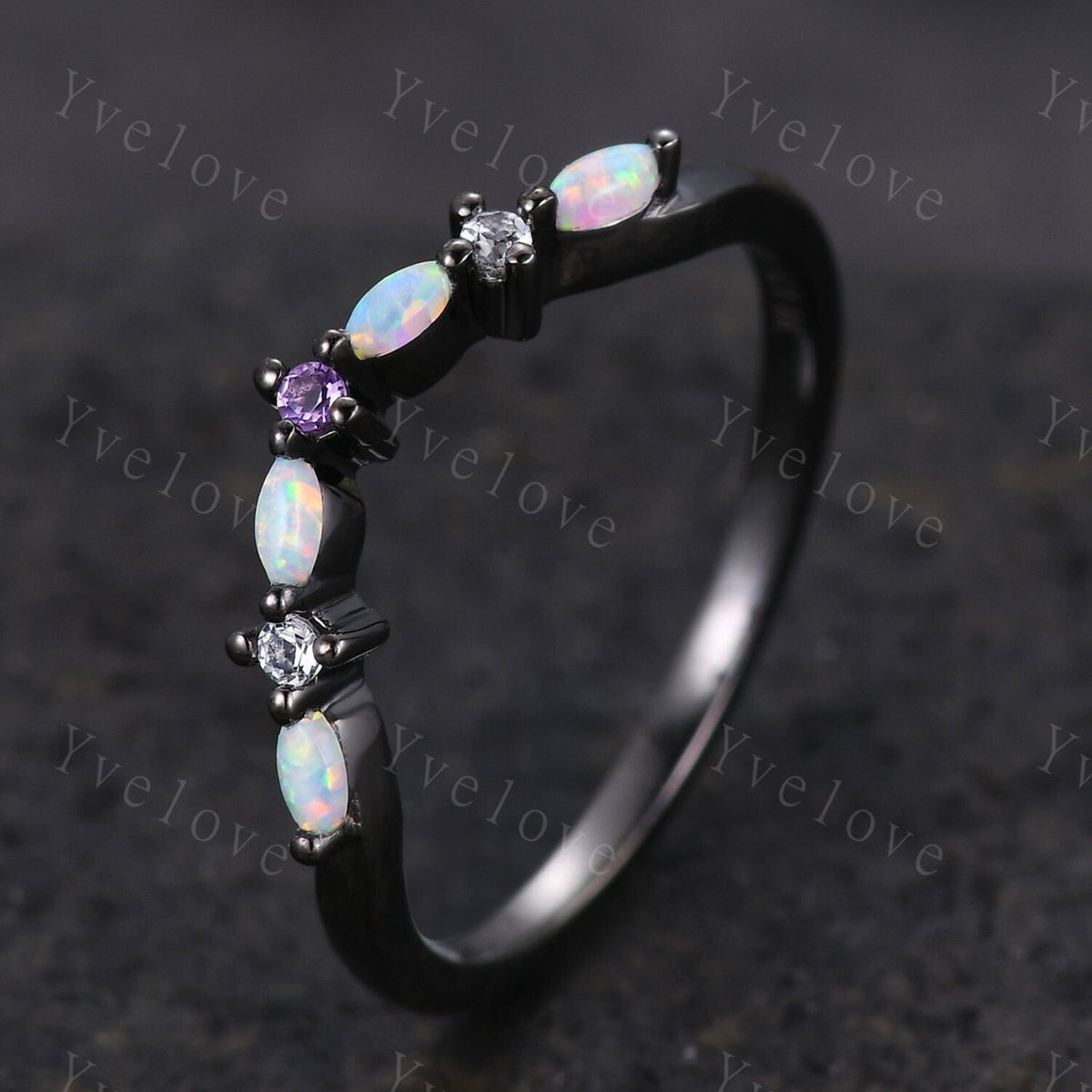 Antique Amethyst Opal wedding band marquise Opal Ring,Women Matching Band,Art Deco Curved Moissanite Wedding Band,Black Gold Ring,Customized