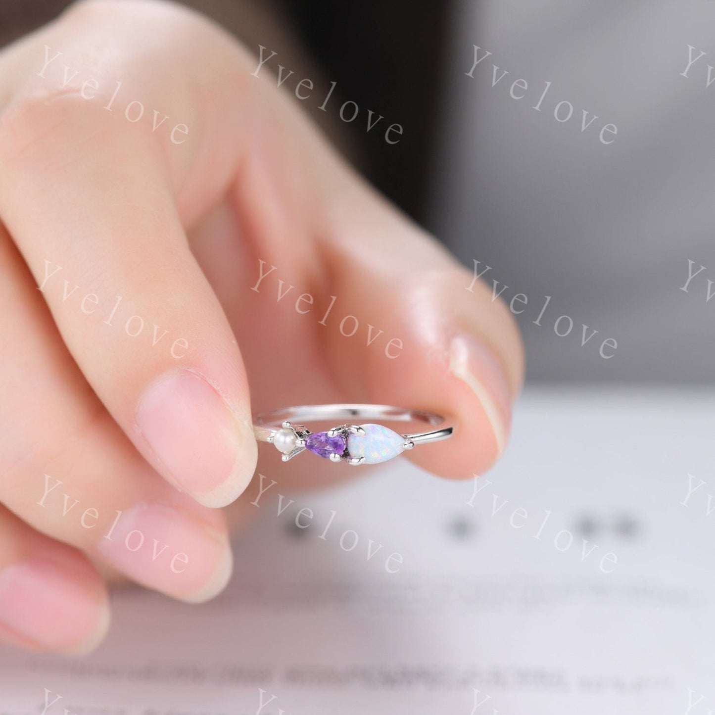 Vintage Opal Amethyst Engagement Ring,Pear Cut Gems,Art Deco Pearl Wedding Band,3 Stone Unique Women Bridal Promise Ring,Gold ring,Custom
