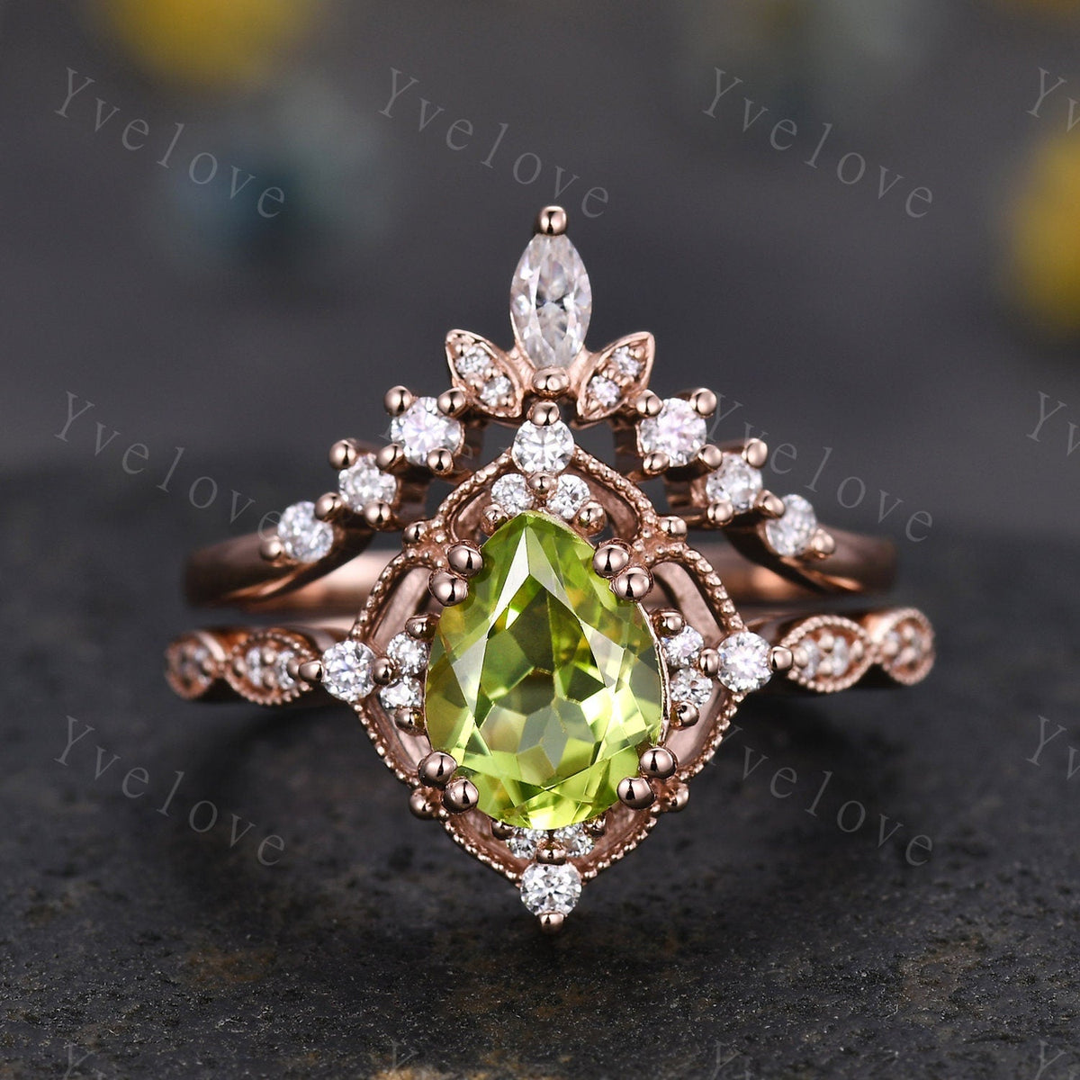 Vintage Green Peridot Engagement Ring,Teardrop Peridot Ring,14K Solid Gold Ring,Unique Women Moissanite Promise Ring For Her,Handmade Gift