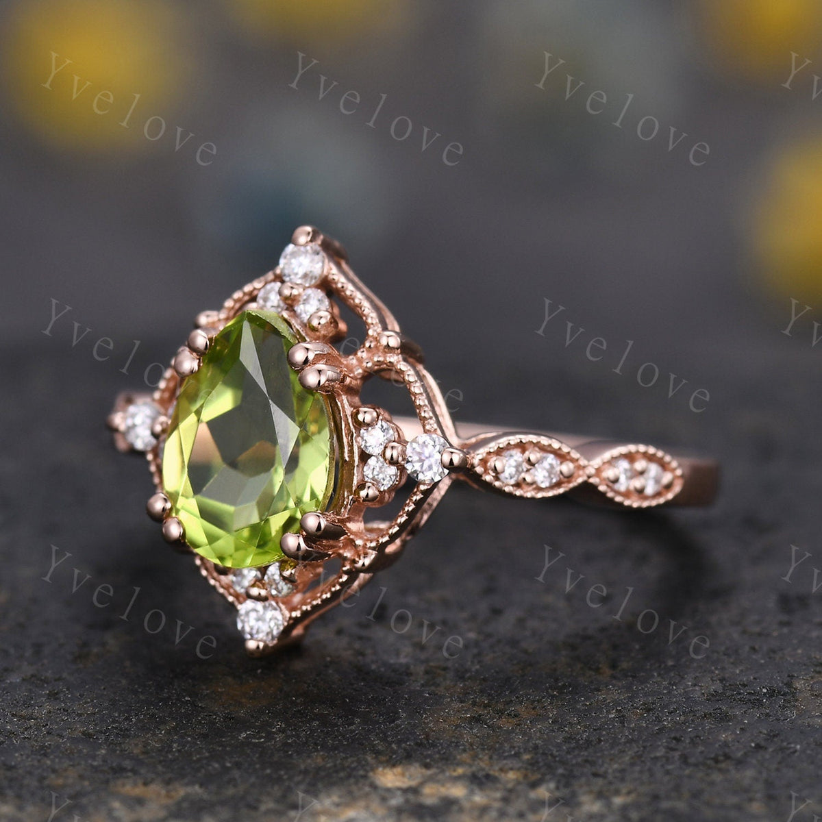 Vintage Green Peridot Engagement Ring,Teardrop Peridot Ring,14K Solid Gold Ring,Unique Women Moissanite Promise Ring For Her,Handmade Gift