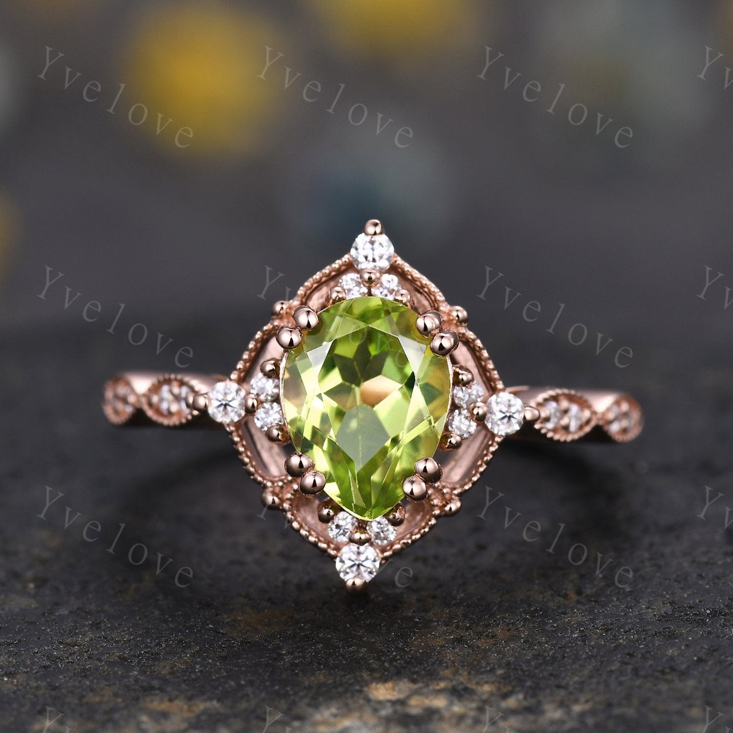 Vintage Green Peridot Engagement Ring,Teardrop Peridot Ring,14K Solid Gold Ring,Unique Women Moissanite Promise Ring For Her,Handmade Gift