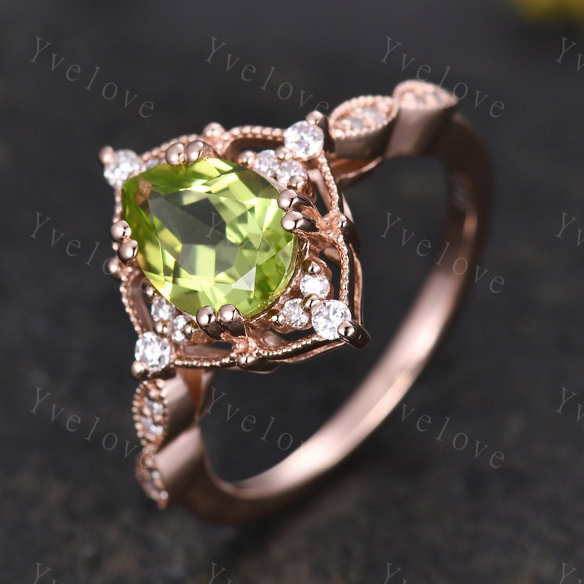 Vintage Green Peridot Engagement Ring,Teardrop Peridot Ring,14K Solid Gold Ring,Unique Women Moissanite Promise Ring For Her,Handmade Gift