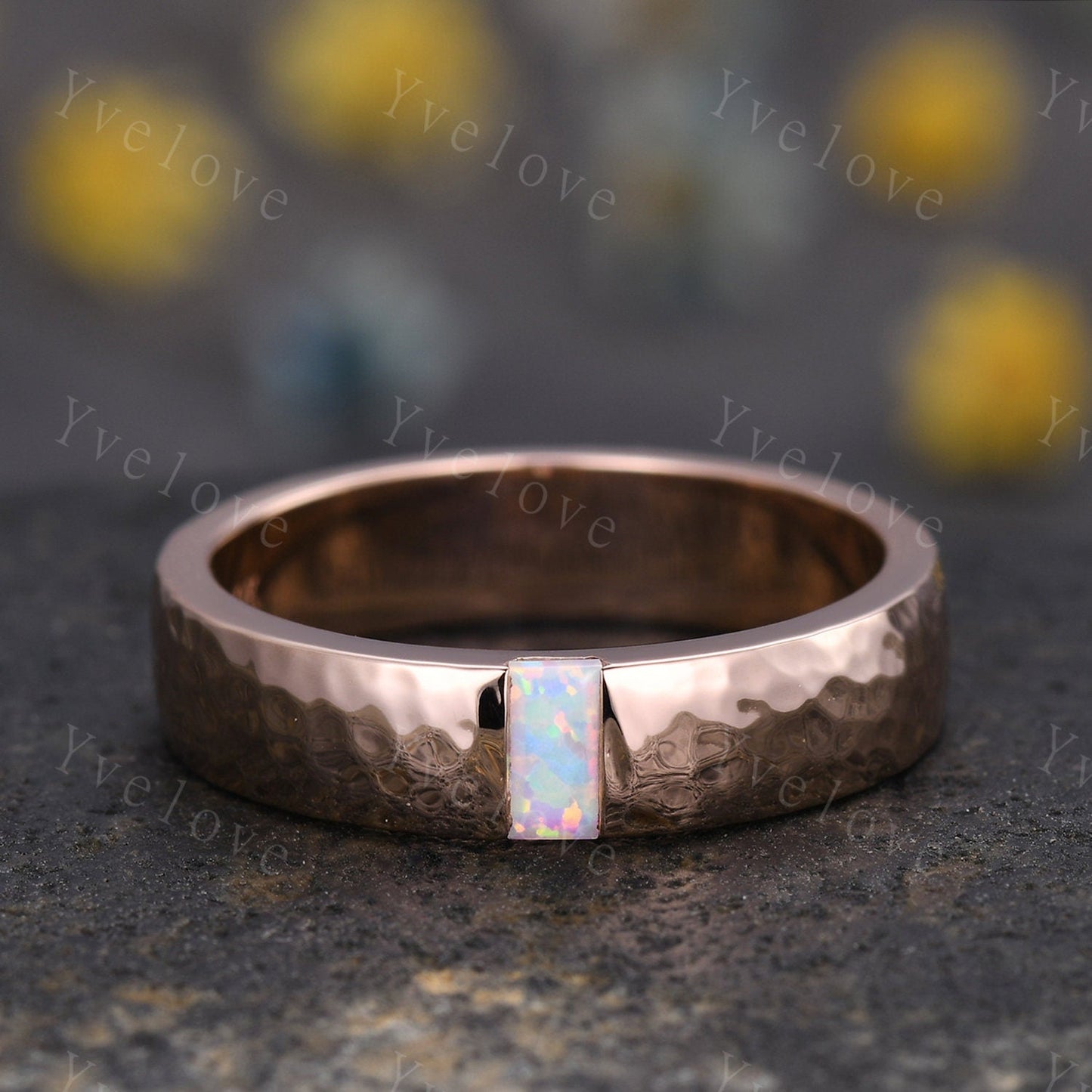 Mens White Fire Opal Wedding Band Baguette Cut Opal Band 5mm Black Silver Ring Mens Hammered Stacking Matching Band Retro Vintage Ring Gift