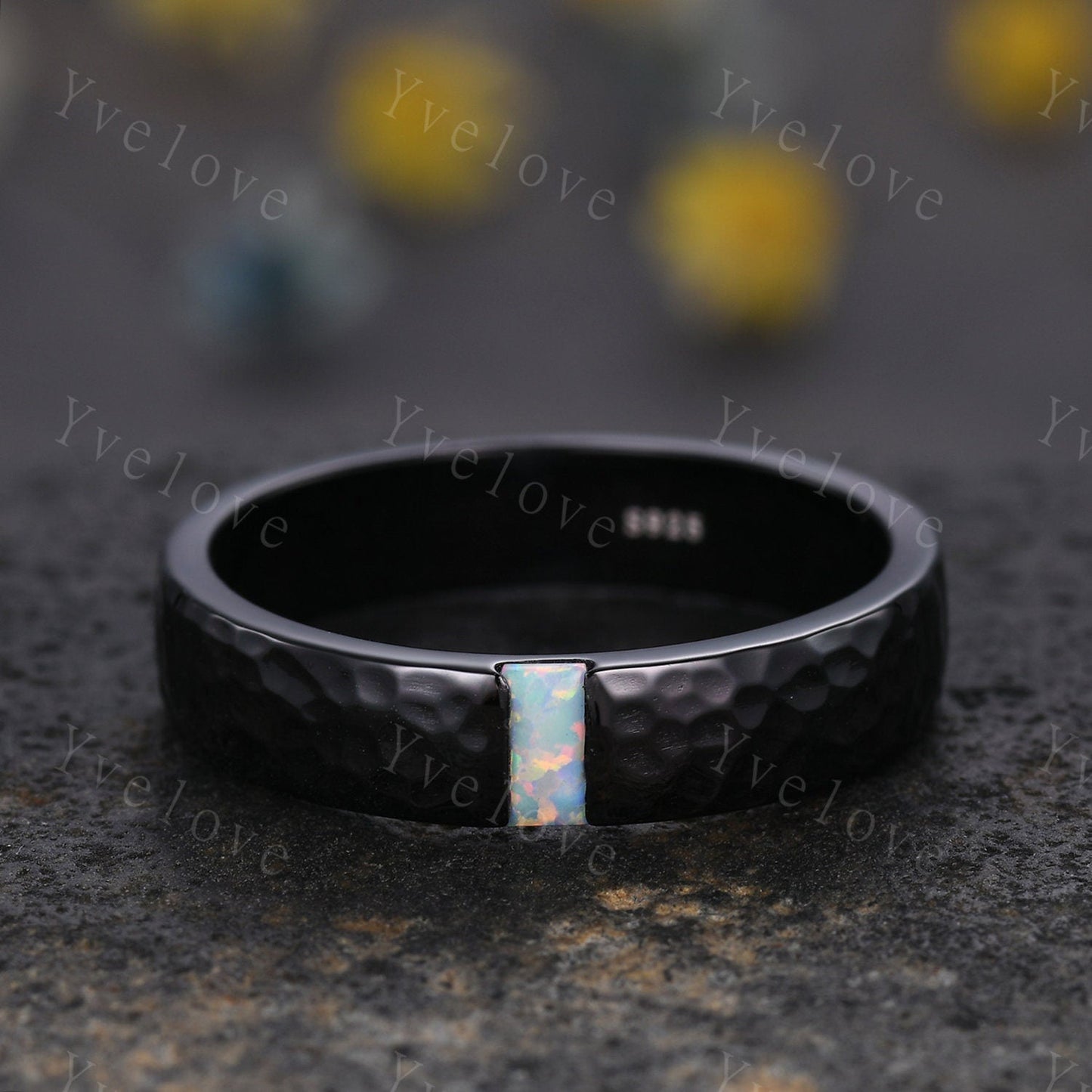 Mens White Fire Opal Wedding Band Baguette Cut Opal Band 5mm Black Silver Ring Mens Hammered Stacking Matching Band Retro Vintage Ring Gift